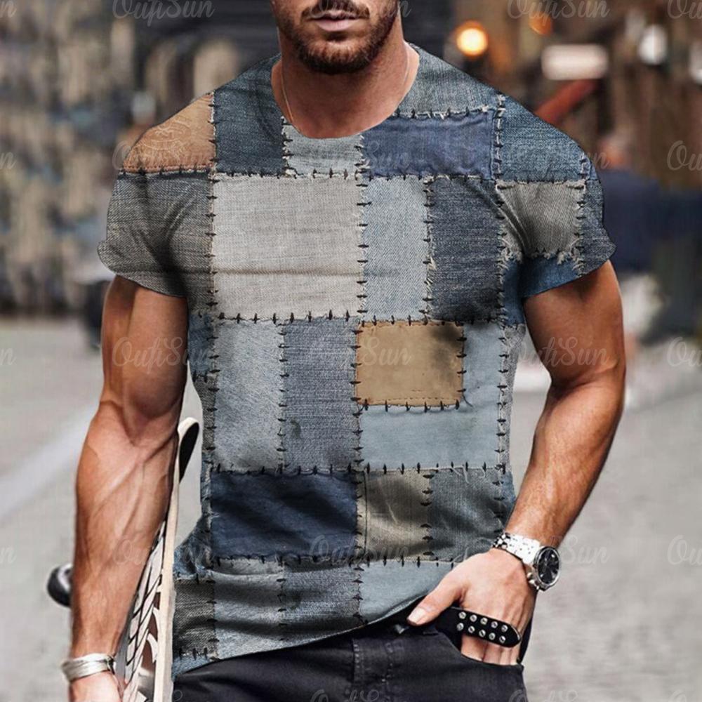 Chengyu Heren T-shirt 3D Digitaal Patchwork Grafische Print Korte Mouw T-shirts Comfortabel Casual Elastische Ronde Hals Heren Buitenactiviteiten Top XL