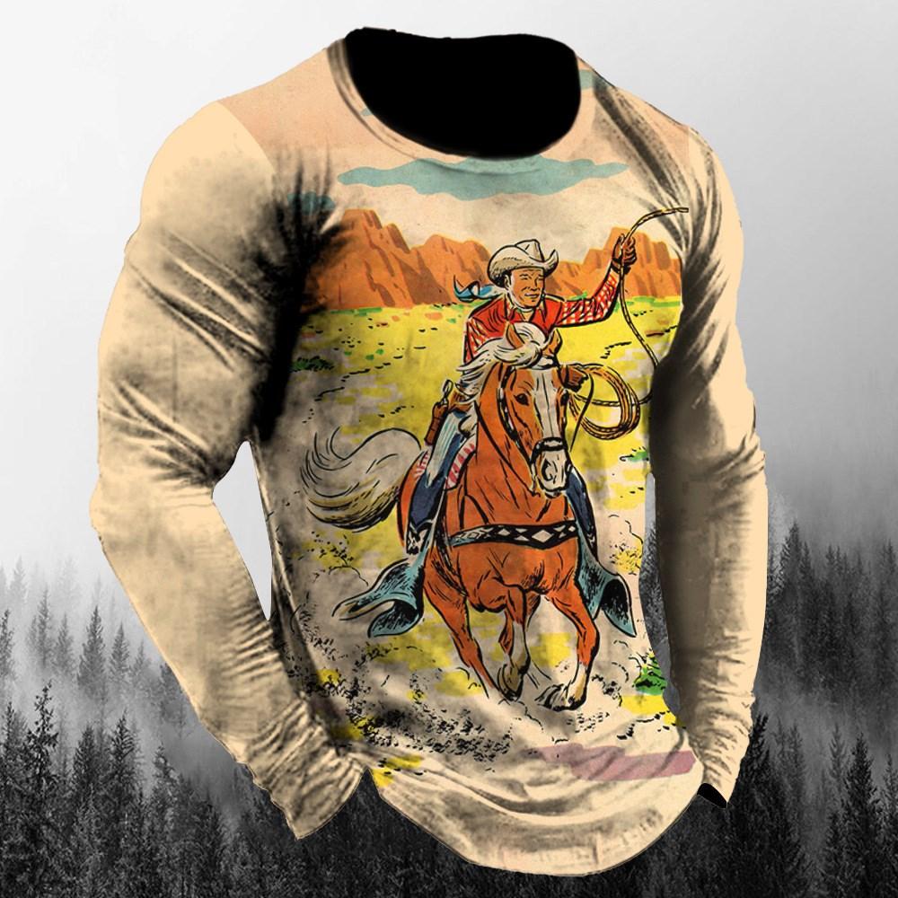 Wendy 3 Vintage Cowboy T-shirt Casual Sport Lange Mouw Tops Heren Western Cowboy Patroon Winter Losse Straat T-shirt Kleding Pullover 5XL