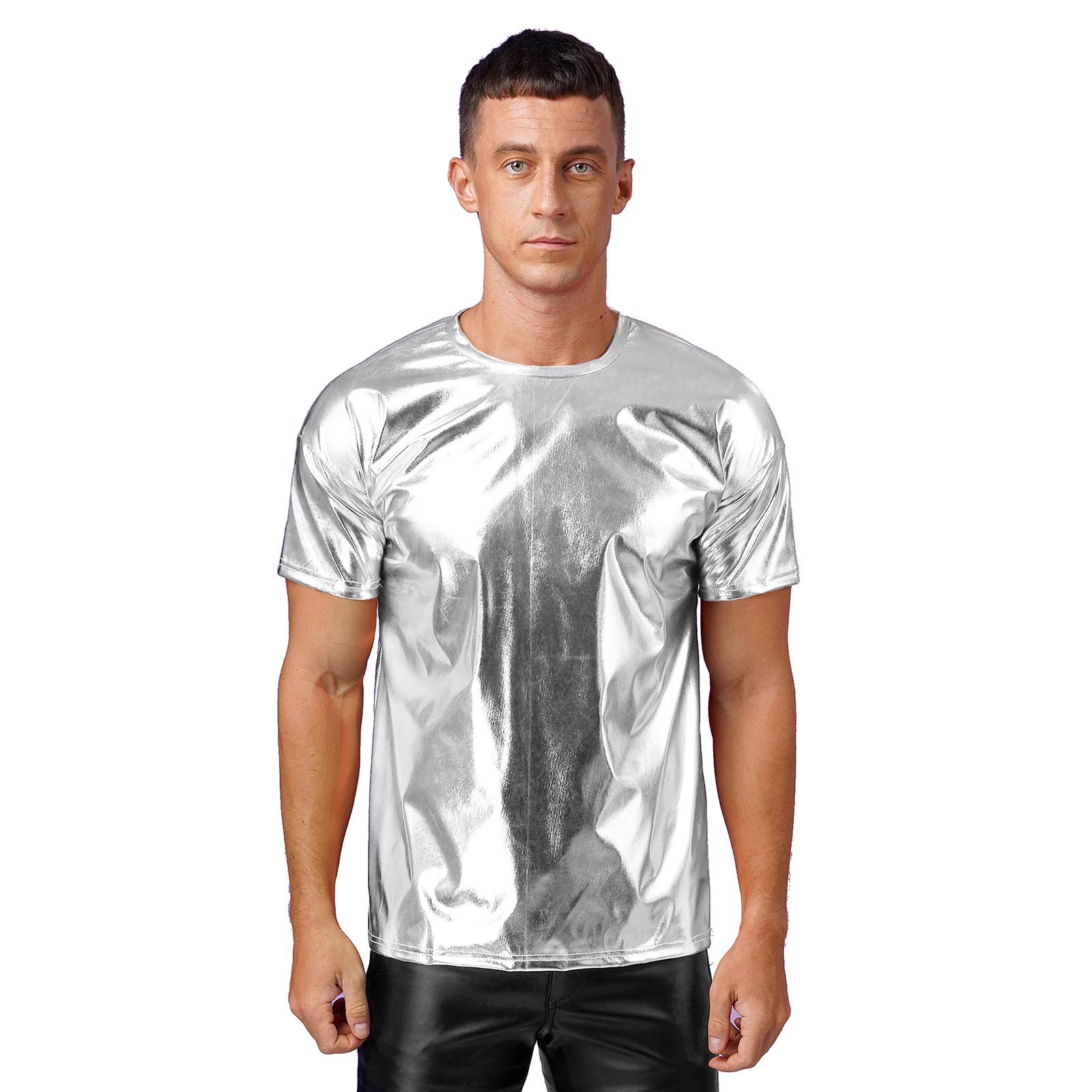 Yunduantong-Adult Mens Metallic Shiny Performance Top with Round Neck and Short Sleeves for Club Shows or Dance Parties S zilver