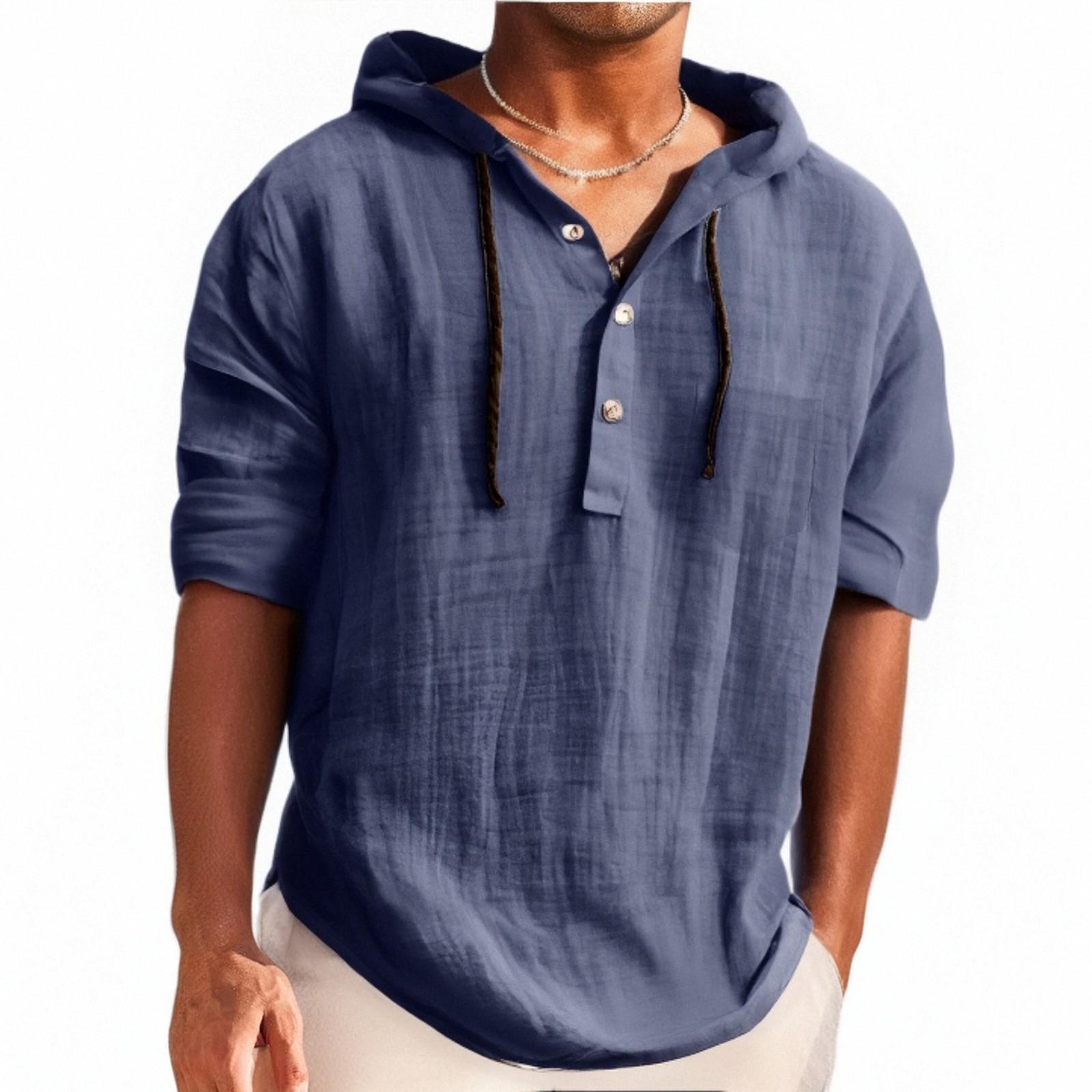 Challenge Heren hoodie met korte mouwen, zomers katoen, hennep, katoen, dun, casual, effen kleur, los XL Vloot