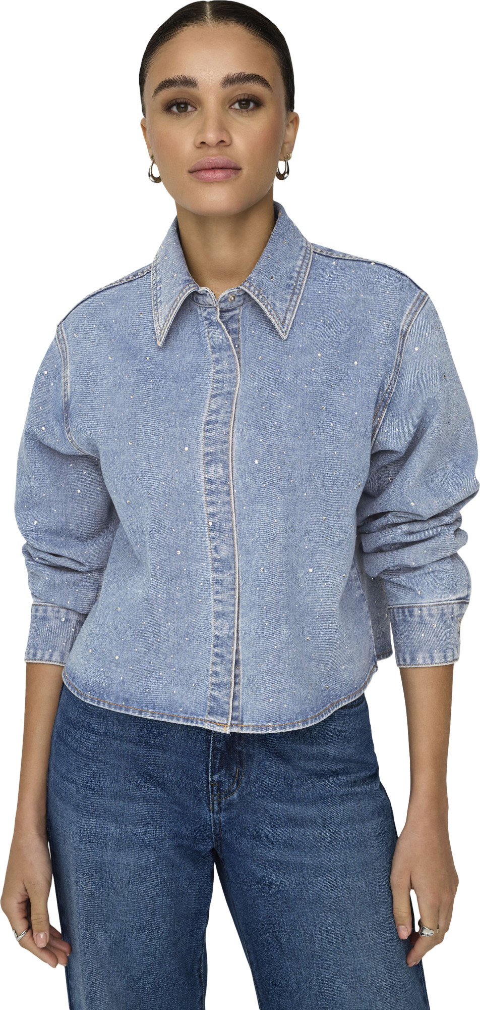 Only Onlmaggiemay l/s rhinest dnm shirt light blue deni