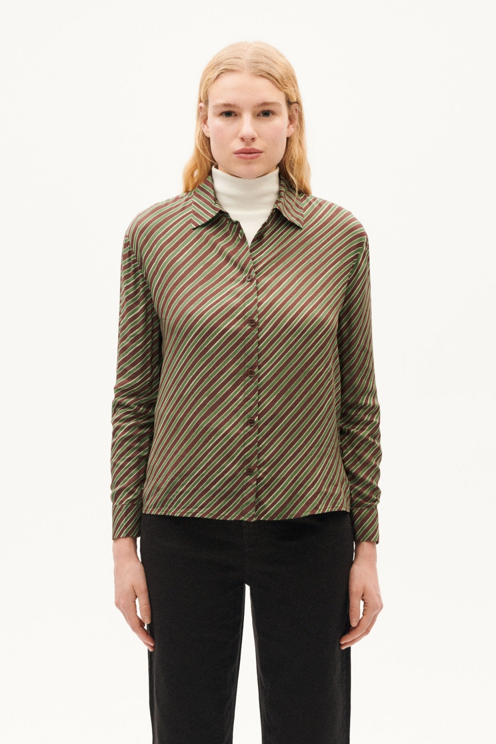 Thinking mu Damen vegan Bluse Kati Diagonal Gestreift GrÃ¼n / Braun
