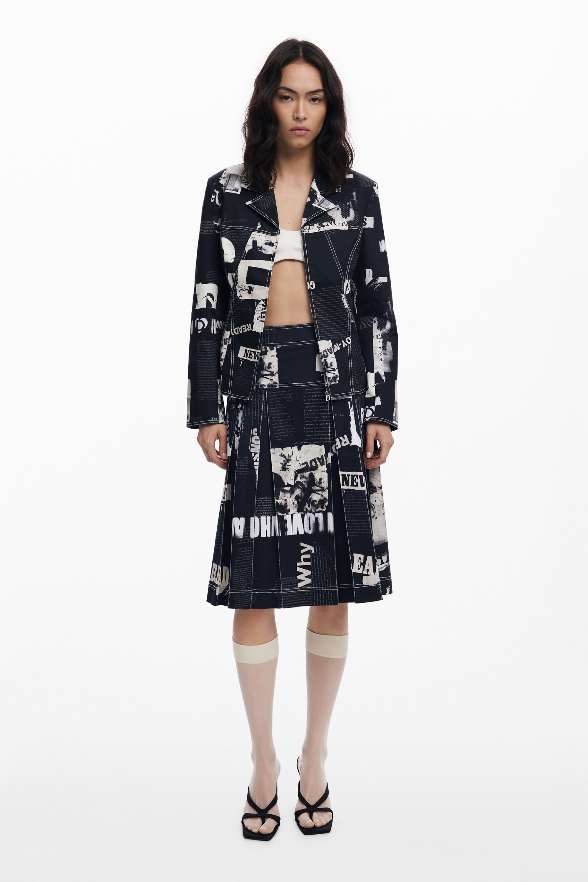 Desigual Blazer met rits en krantenprint - BLACK