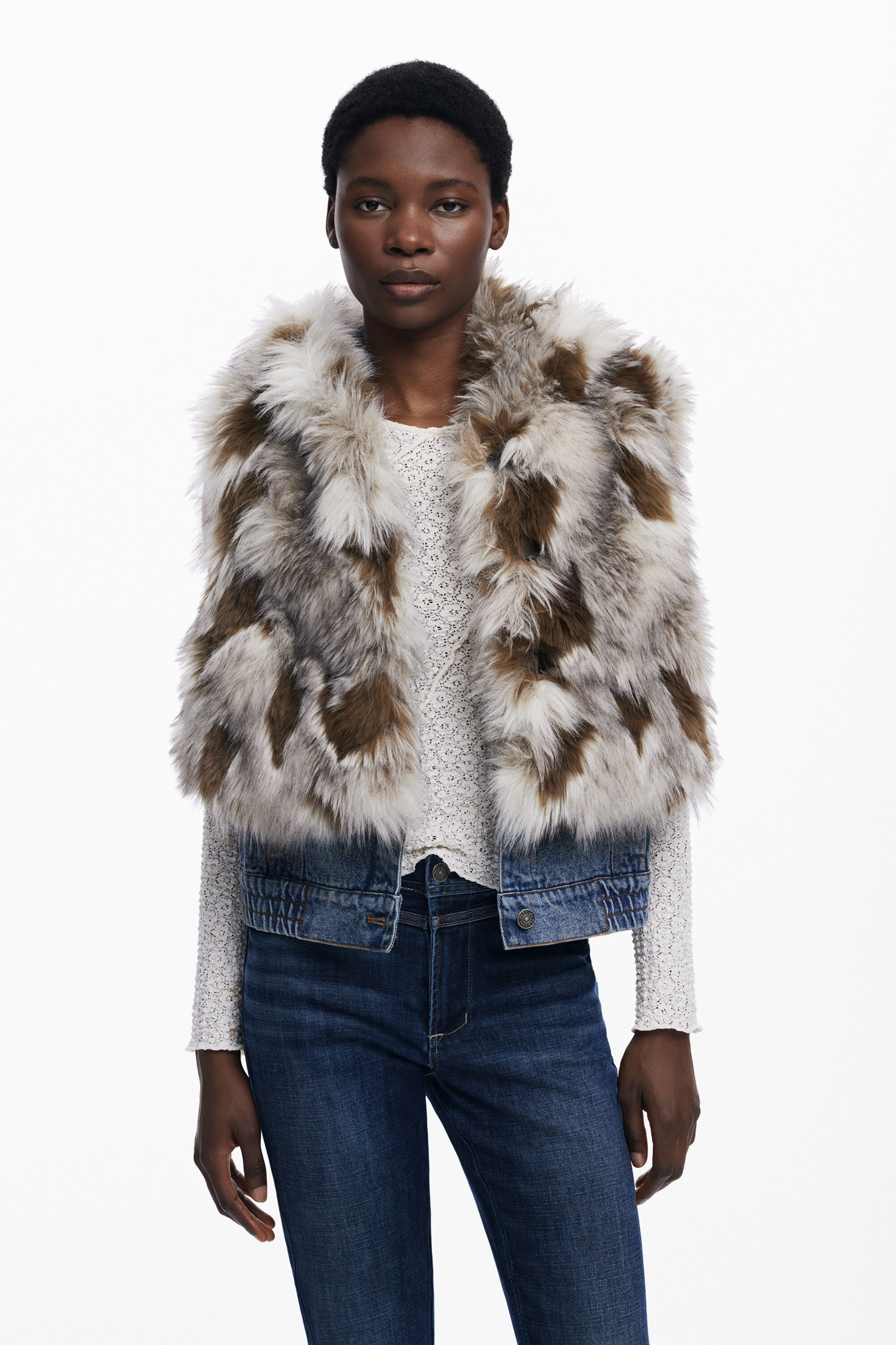 Desigual Denim gilet met bont - BROWN