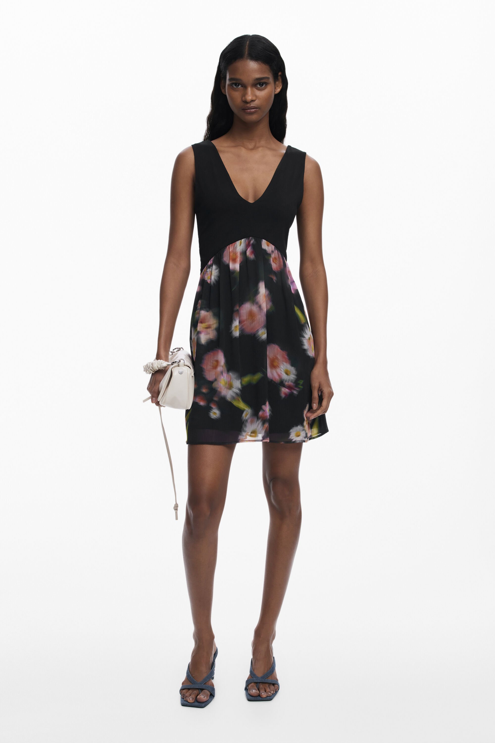 Desigual Korte jurk met bloemen in twee materialen - BLACK