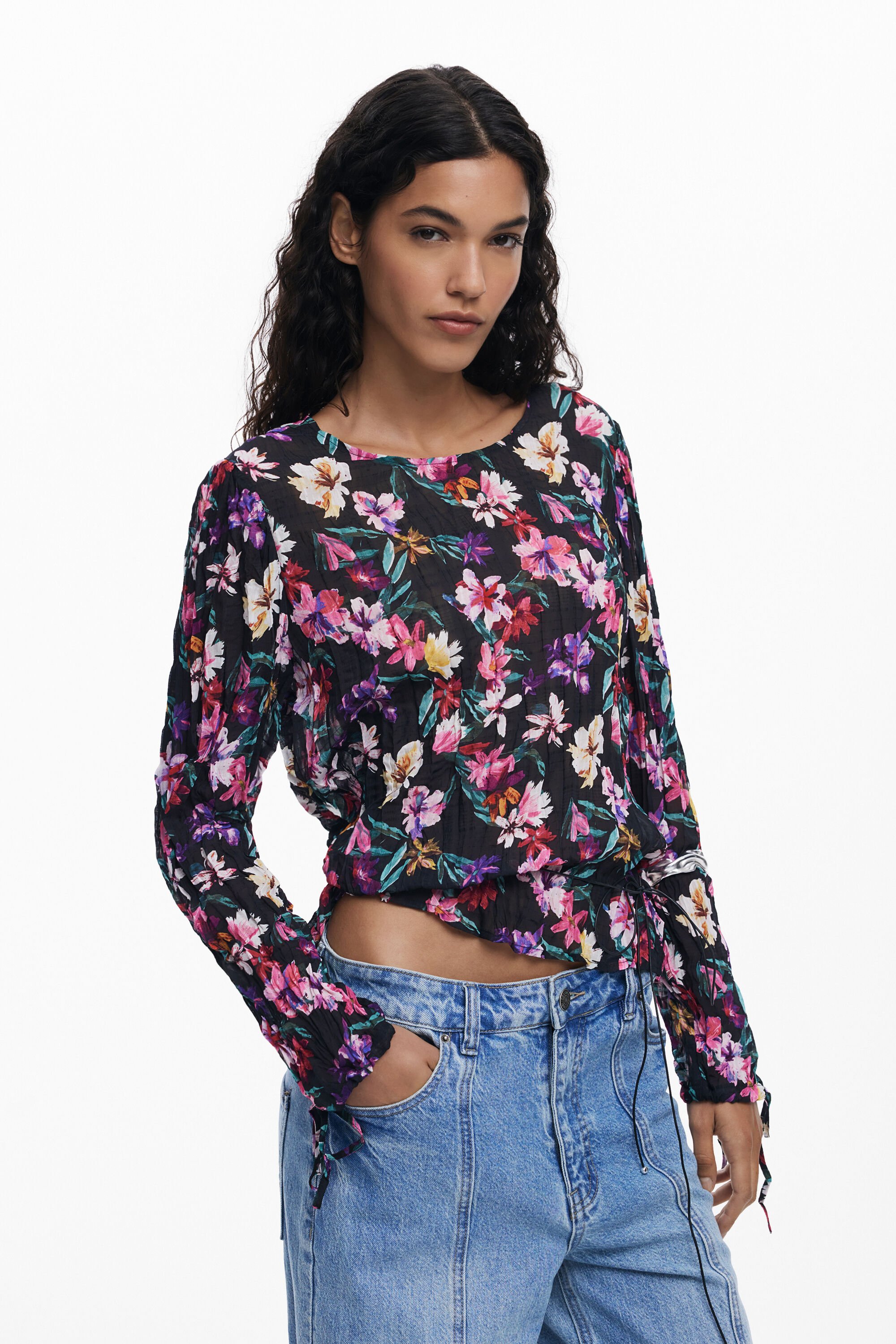 Desigual Plissé bloemenblouse - BLACK