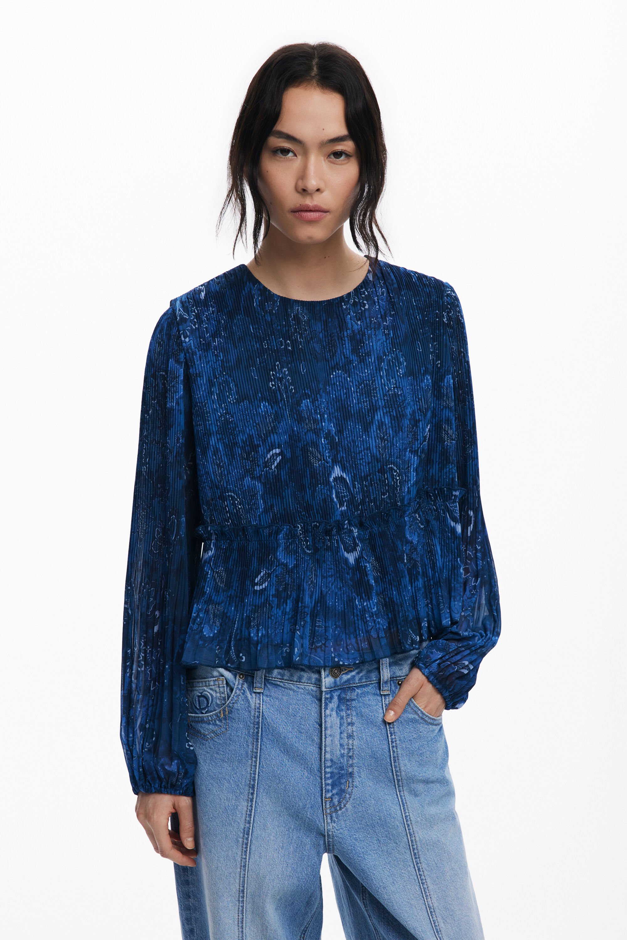 Desigual Plissé blouse met lange mouwen - BLUE