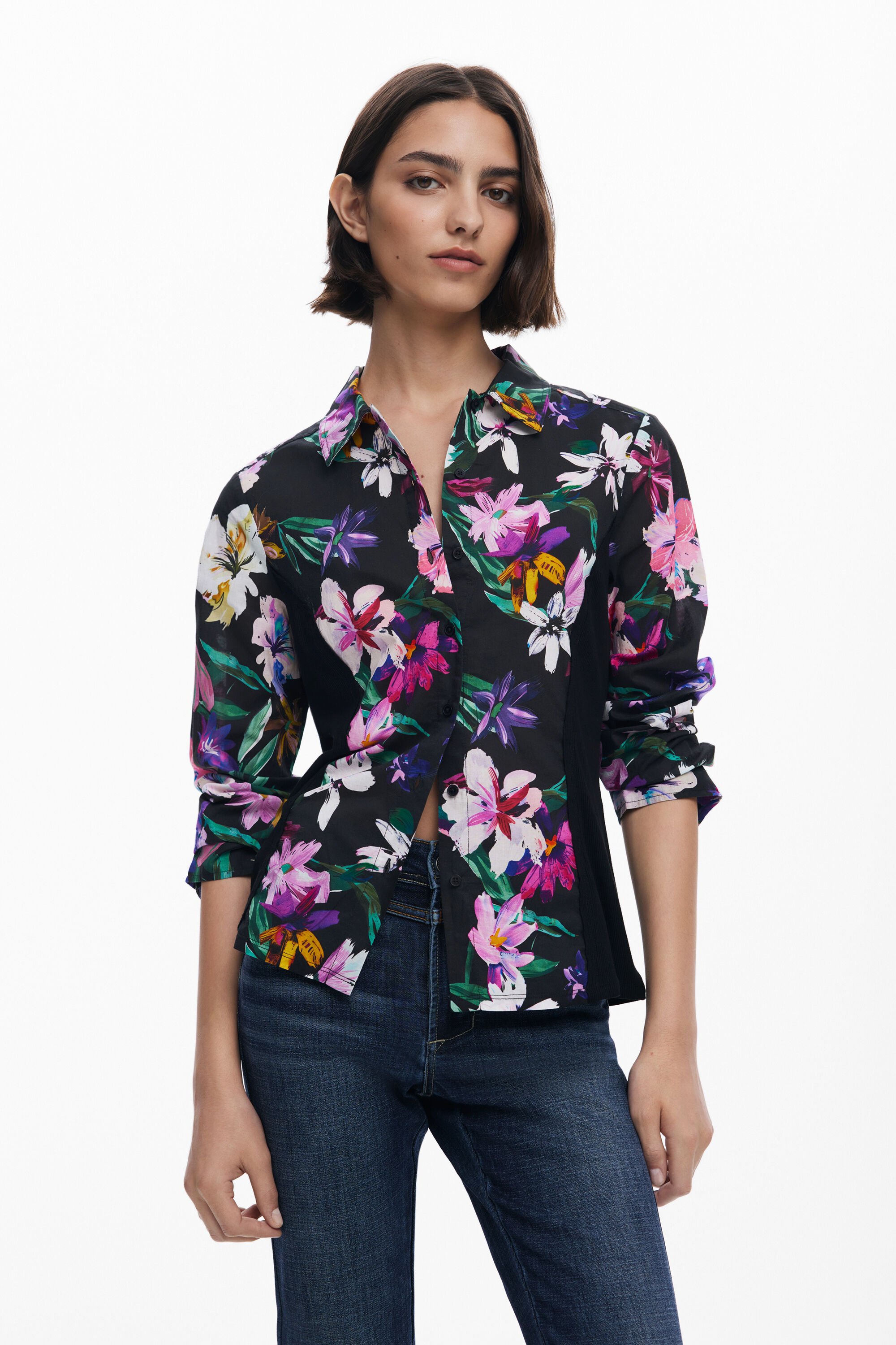 Desigual Overhemd met bloemen en gecombineerde silhouet - BLACK