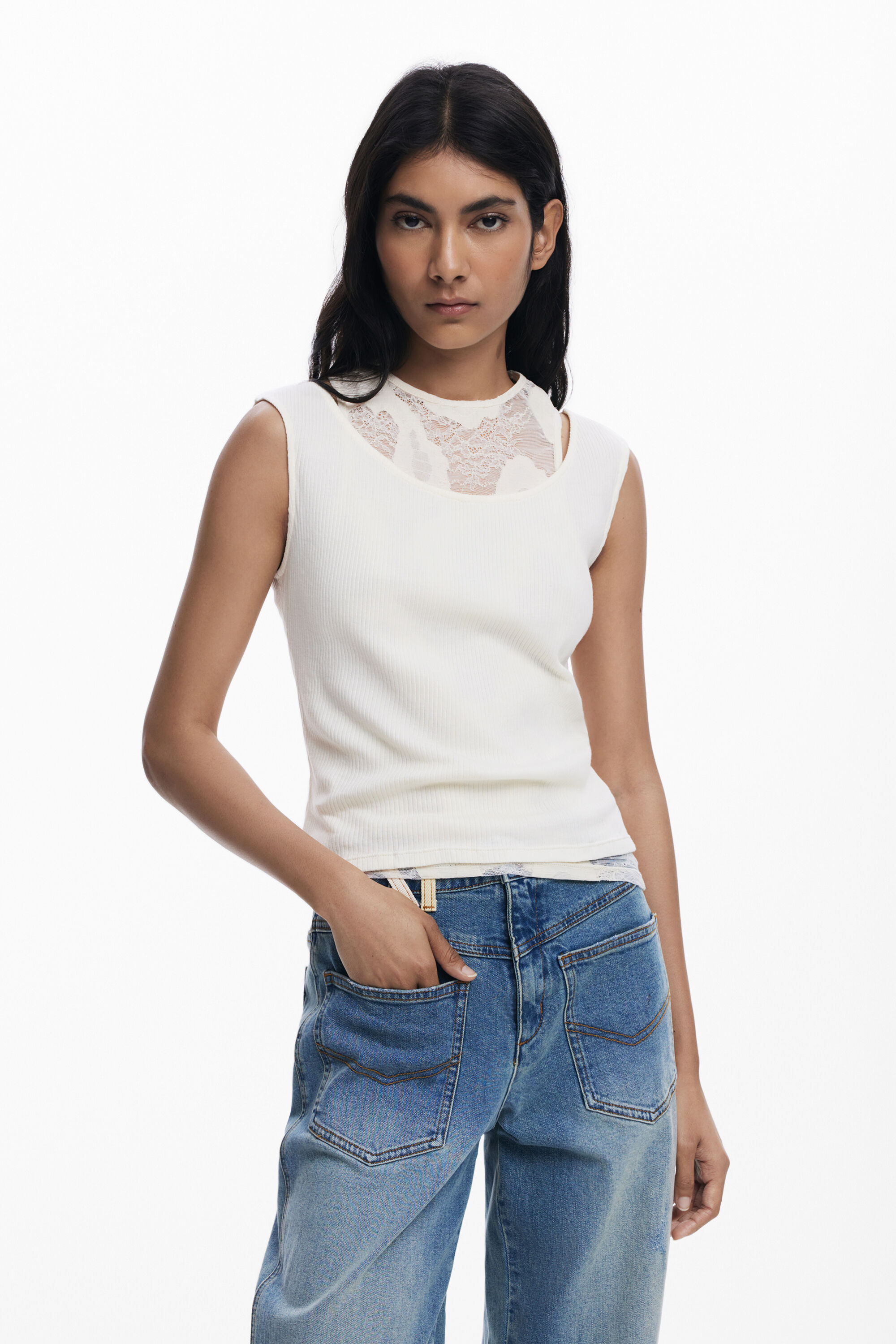 Desigual Mouwloos dubbellaags T-shirt - WHITE