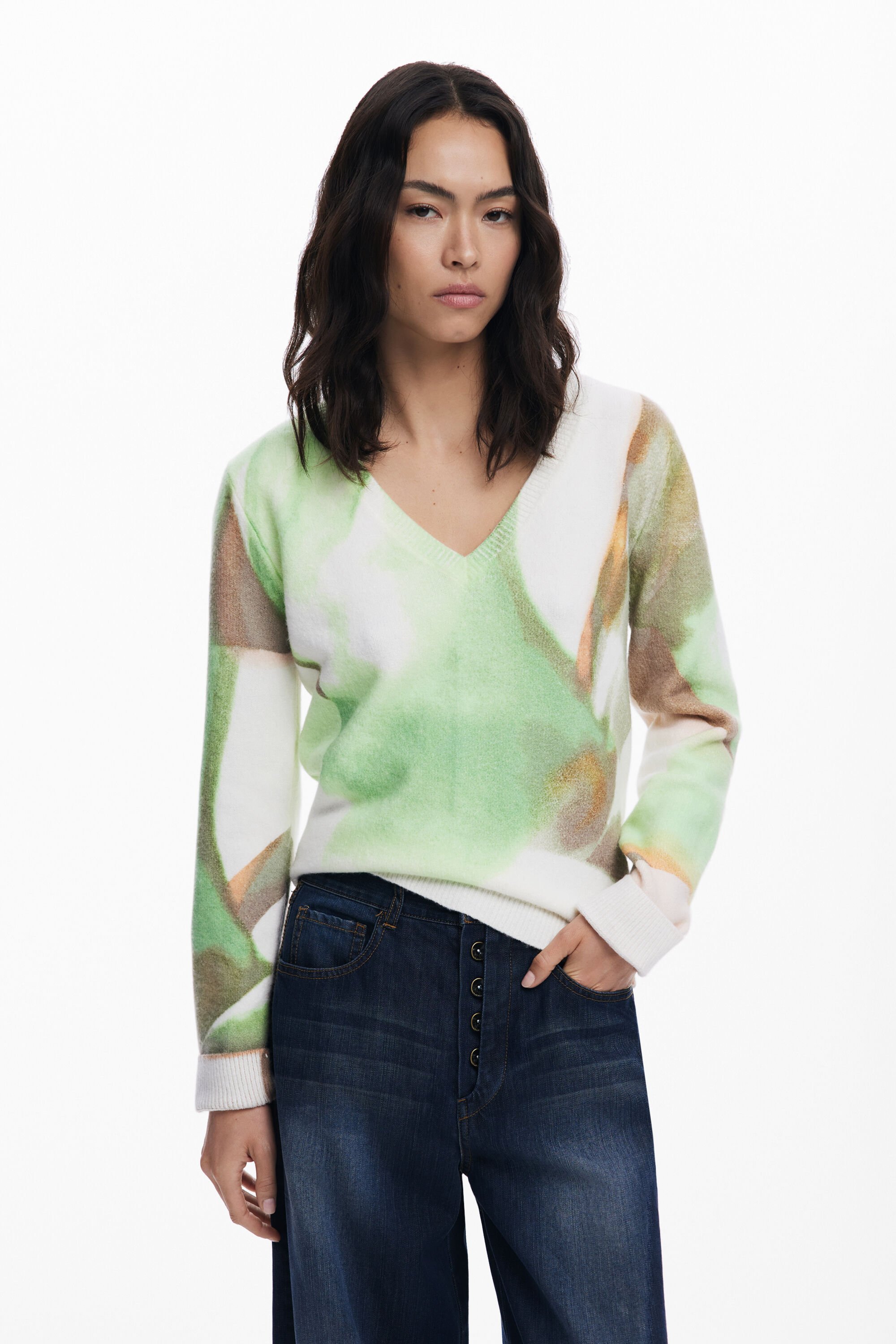 Desigual Zachte V-hals trui - GREEN