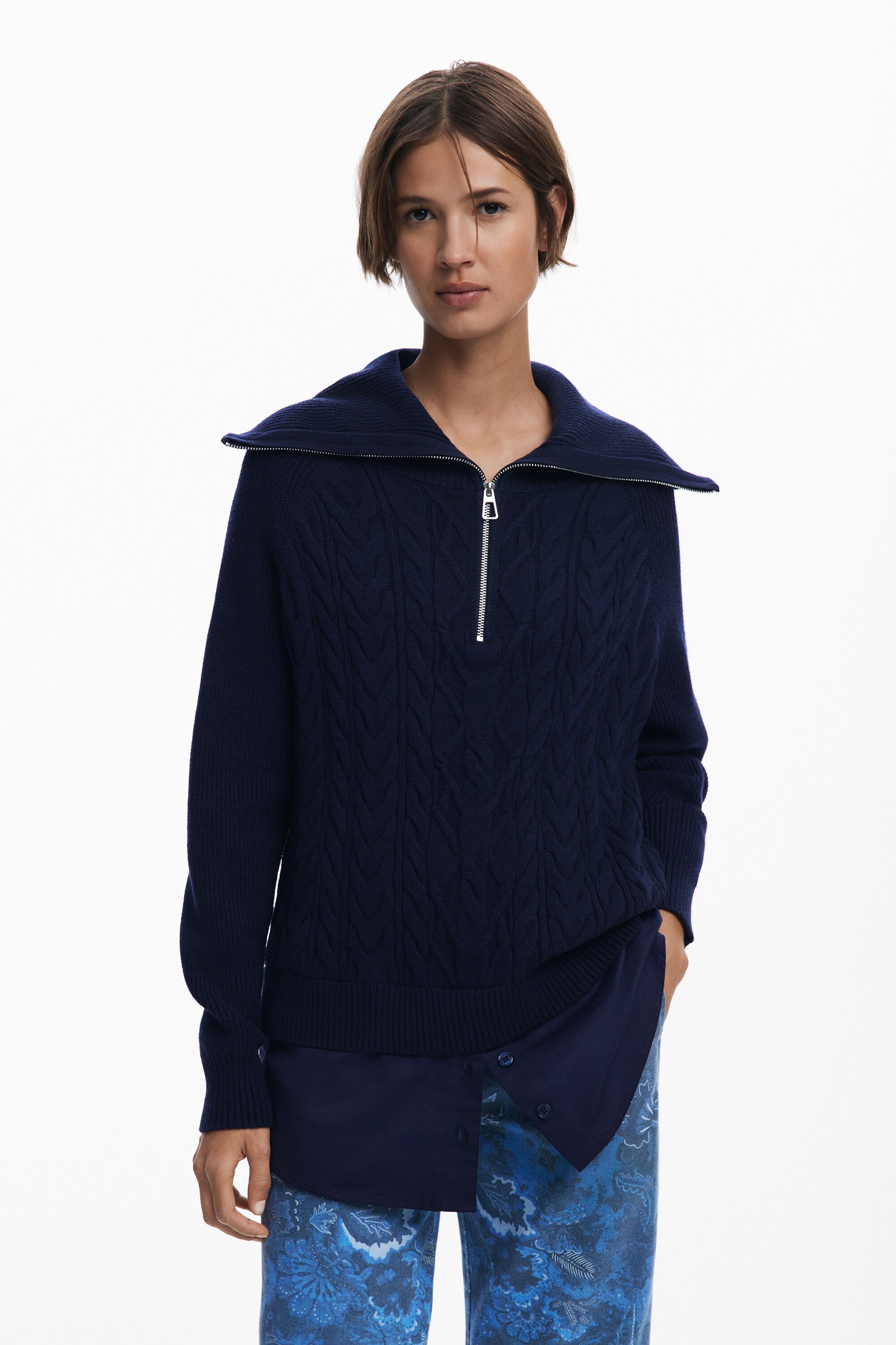Desigual Gecombineerde kabeltrui met rits - BLUE