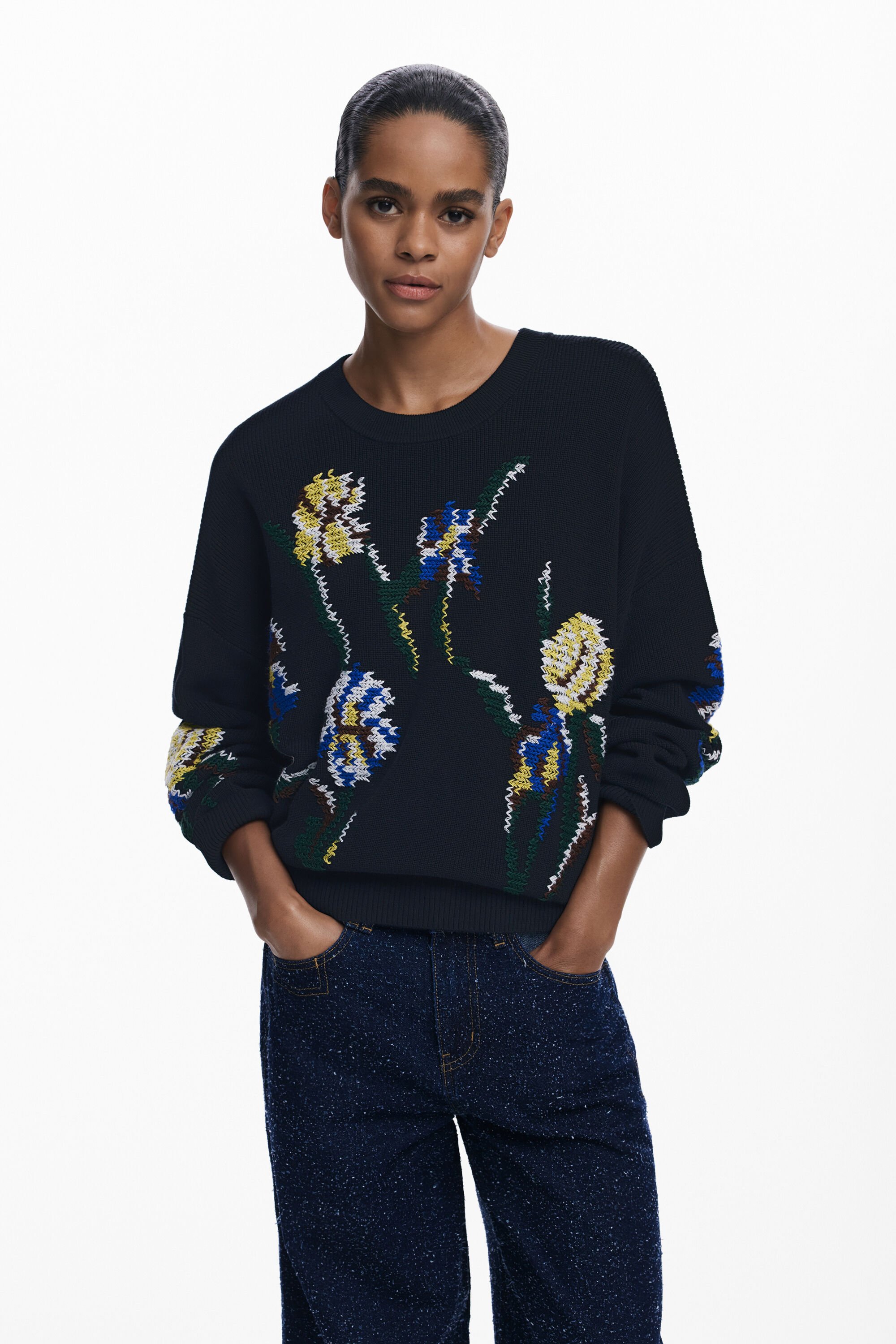 Desigual Jacquard trui met geborduurde bloemen - BLACK
