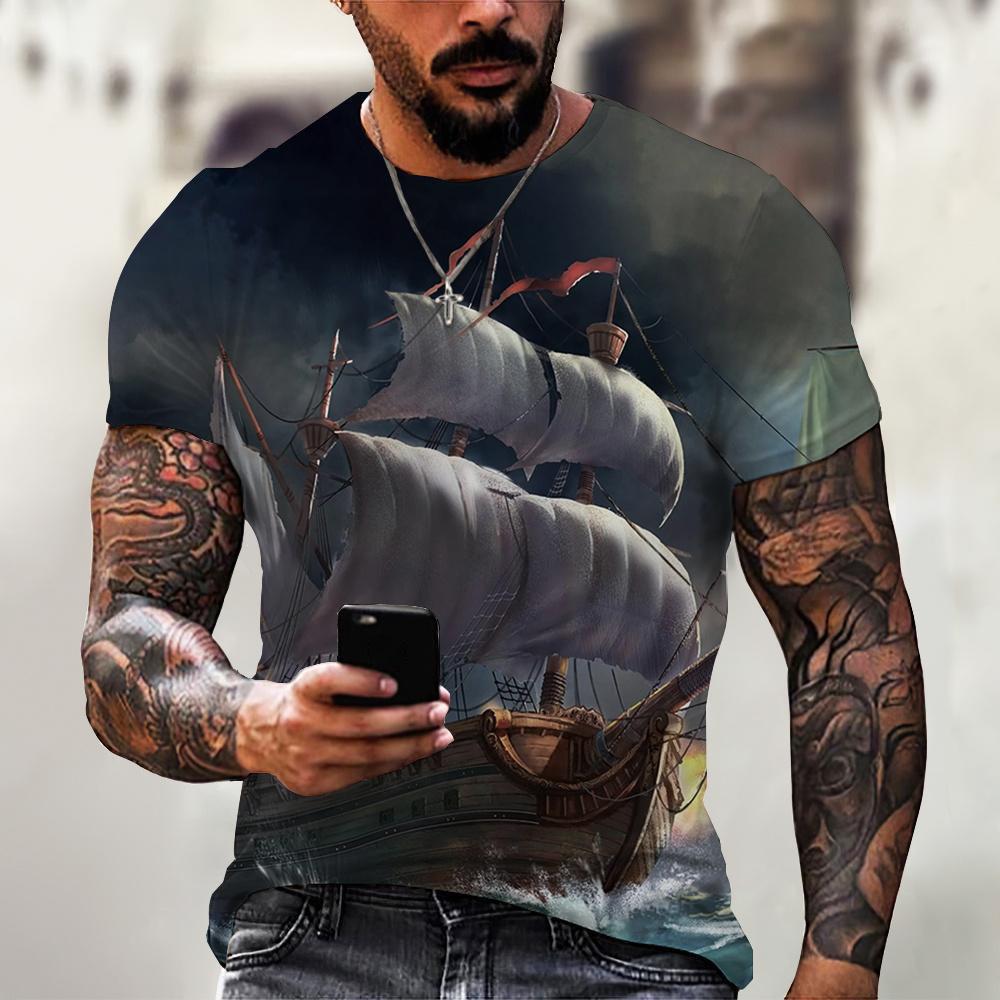 Kukebang Vintage mannen schip T-shirts 3D gedrukt piratenschip ronde hals korte mouw T-shirt voor mannen oversized tops tee shirt L