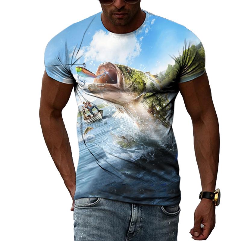 ETST 07 Vissen Patroon 3D Afdrukken T-shirt Zomer Mannen Straat Cool Ronde Hals Kleding Casual Knappe Hip-Hop Korte mouwen Tops 4XL