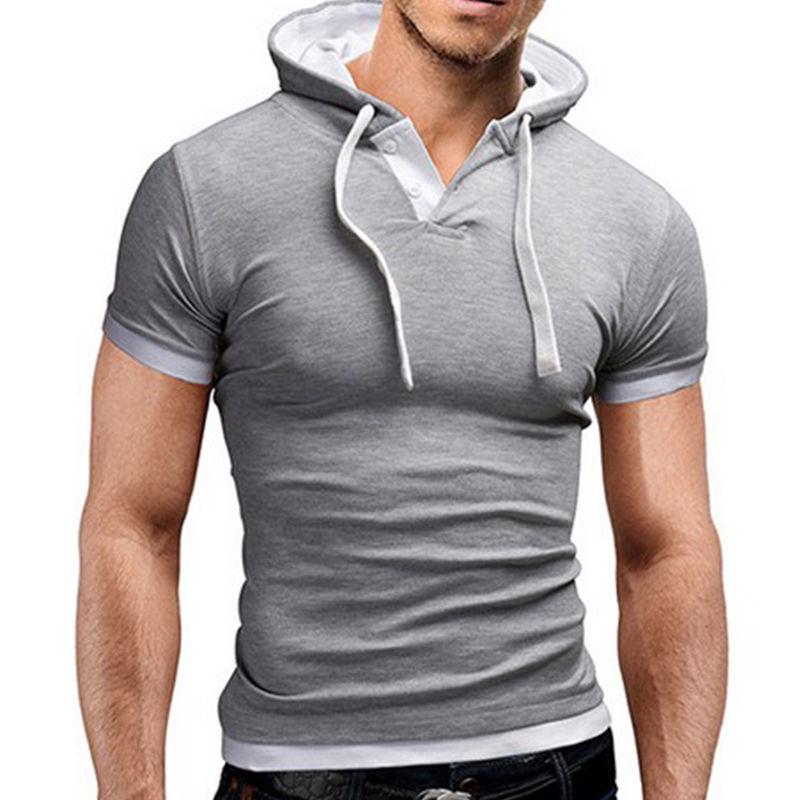 Stefanfgrsd Zomer Herenmode Slim Fit Korte Mouw Tops Effen Kleur Capuchon Spier Casual Basic T-shirt L