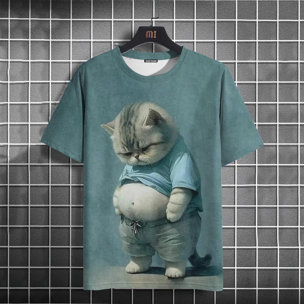 ETST 005 Grappige heren T-shirt Animal Fat Cat Bedrukte T-shirts Casual Losse Korte Mouw Tee Oversized Herenkleding Tops Zomer Streetwear 5XL