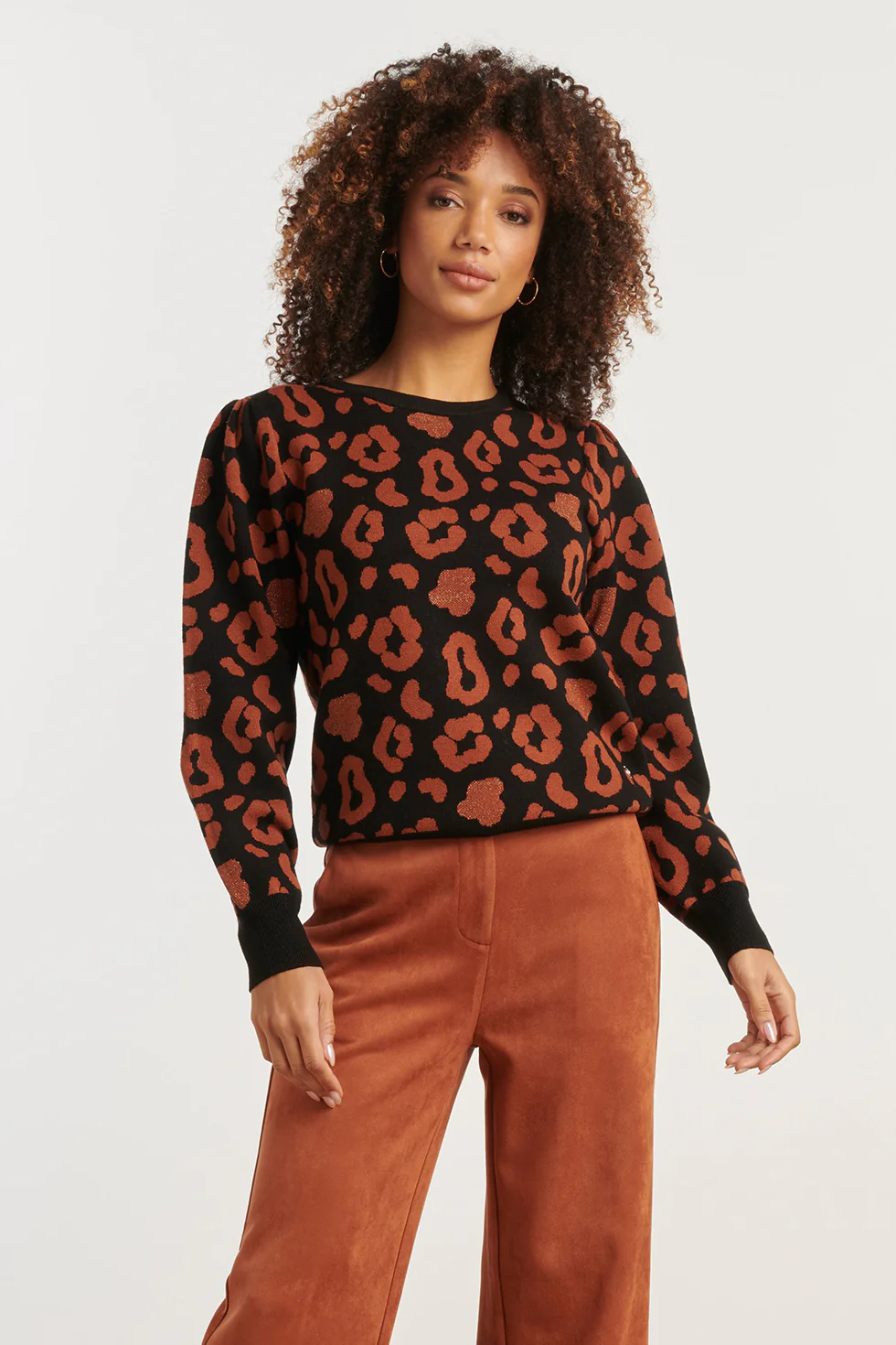 Smashed Lemon Gebreide dierenprint knit top zwart en cognac |