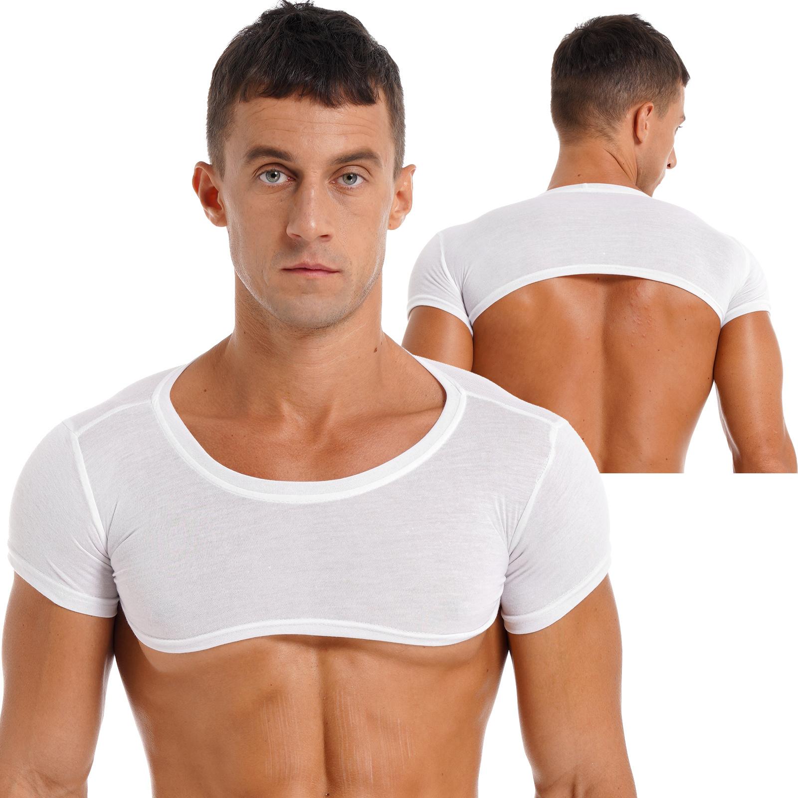 Fldy Mannen Crop Tops Workout Korte mouw Ronde hals Spier Half Tank Top Vest T-shirt Trui M wit