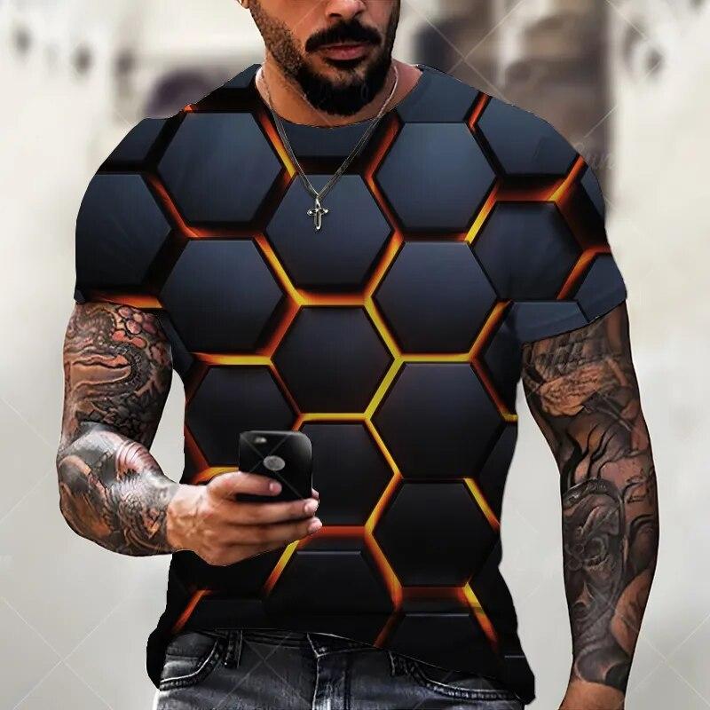 Wengy 2 Zomer Heren Nieuw T-shirt Oversized Losse Kleding Retro Korte Mouw Mode Tech Vierkant 3D Patroon Straat 0 Hals Top XL