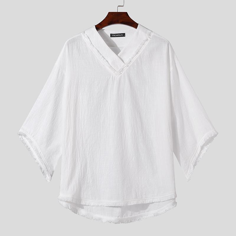 INCERUN Vintage Heren V-hals Vleermuismouwen Oversized Onregelmatige Baggy Tops 5XL wit