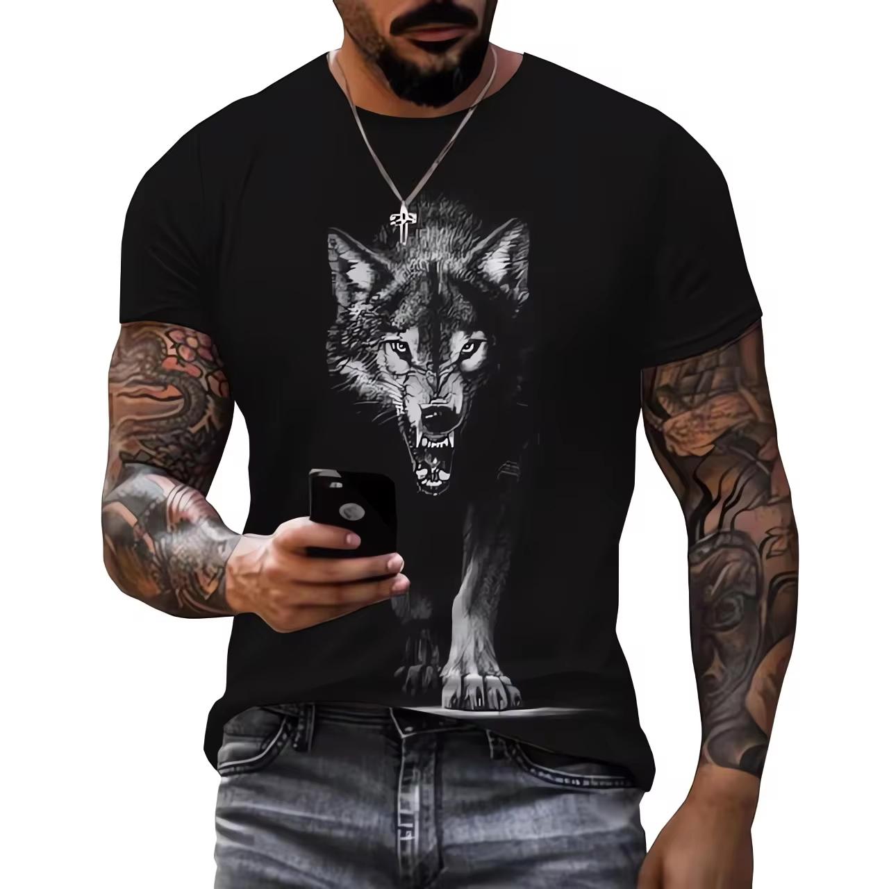 ETST 005 Men's 3D Printed T-shirt with Wolf Pattern Short Sleeve Top 3D Casual Street Man's T-shirt Oversized Top Tee Shirt Men Clothing 2XL