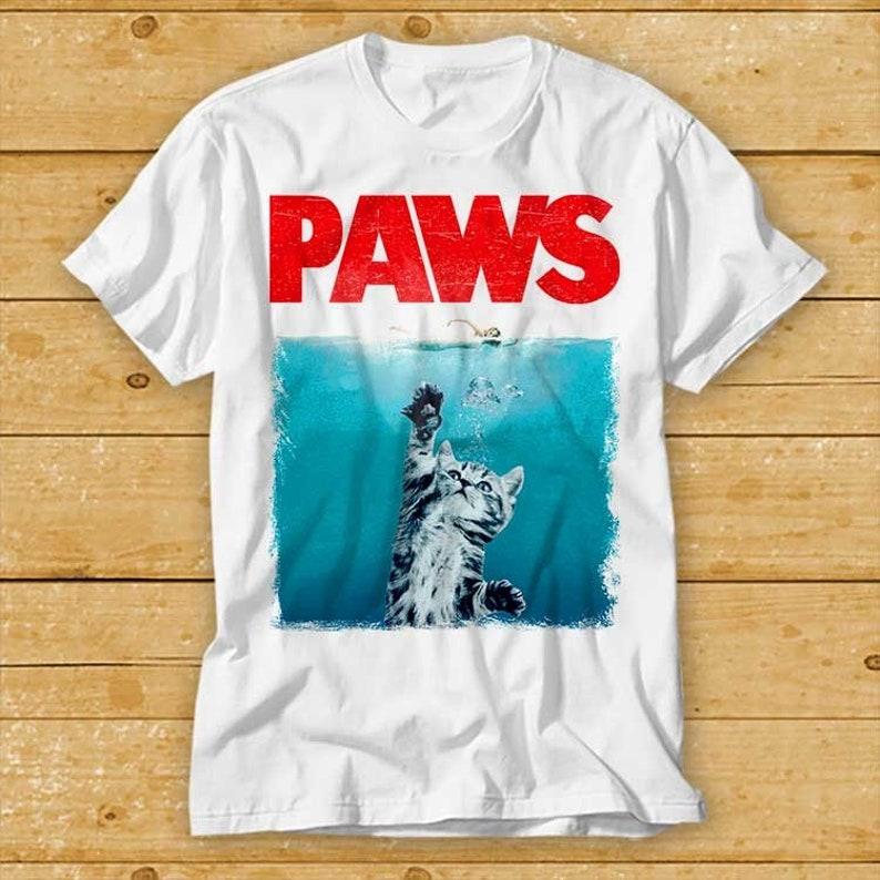 Great Deal 230 Gsm 100% Cotton Paws Jaws Cat Fun T Shirt Funshirt Funny Kitten Kitty Katze Weiße Hai Top Tee 2081 3XL wit