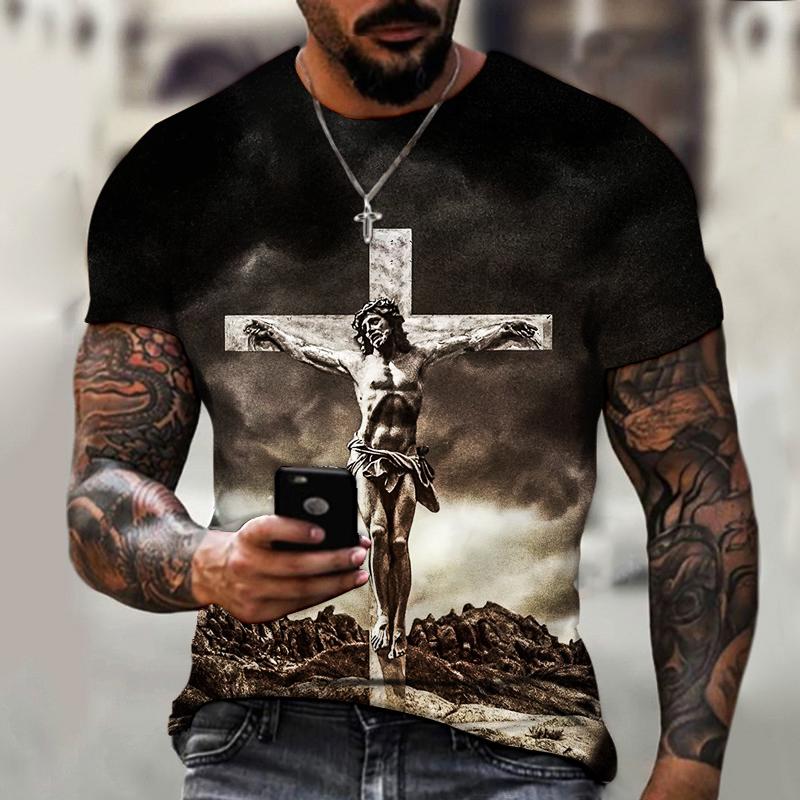 WowClassic Zomer Ronde Hals 3D God Religie Christus Jezus Kruis Print Top Modieuze Casual Korte Mouw Heren T-shirts 3XL