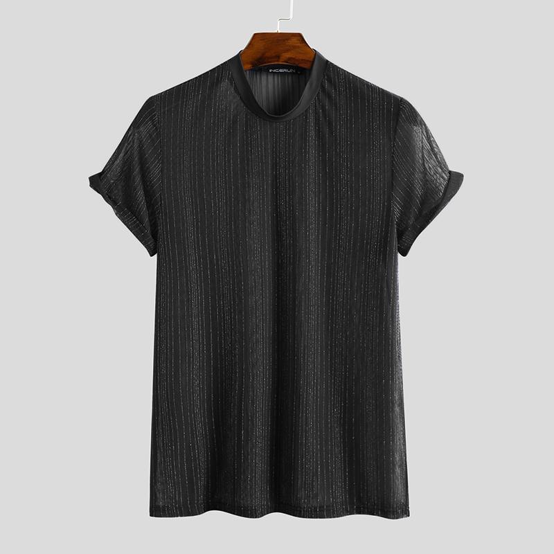 INCERUN doorzichtige zomerse, ademende clubwear tops voor heren met korte mouwen 2XL zwart