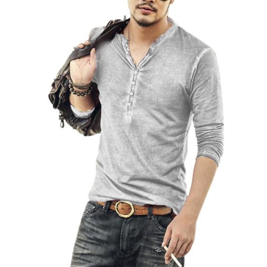 Flospring Heren effen kleur casual V-hals dunne knopen T-shirt M