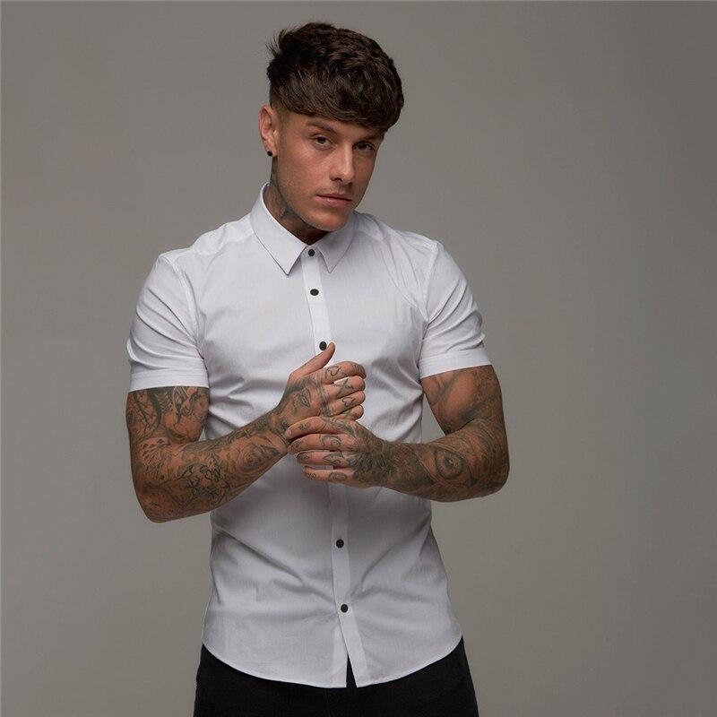 Muscleguys Zomer effen overhemd met knopen Heren casual korte mouwen Koreaanse stijl All-match knappe top modetrend L wit