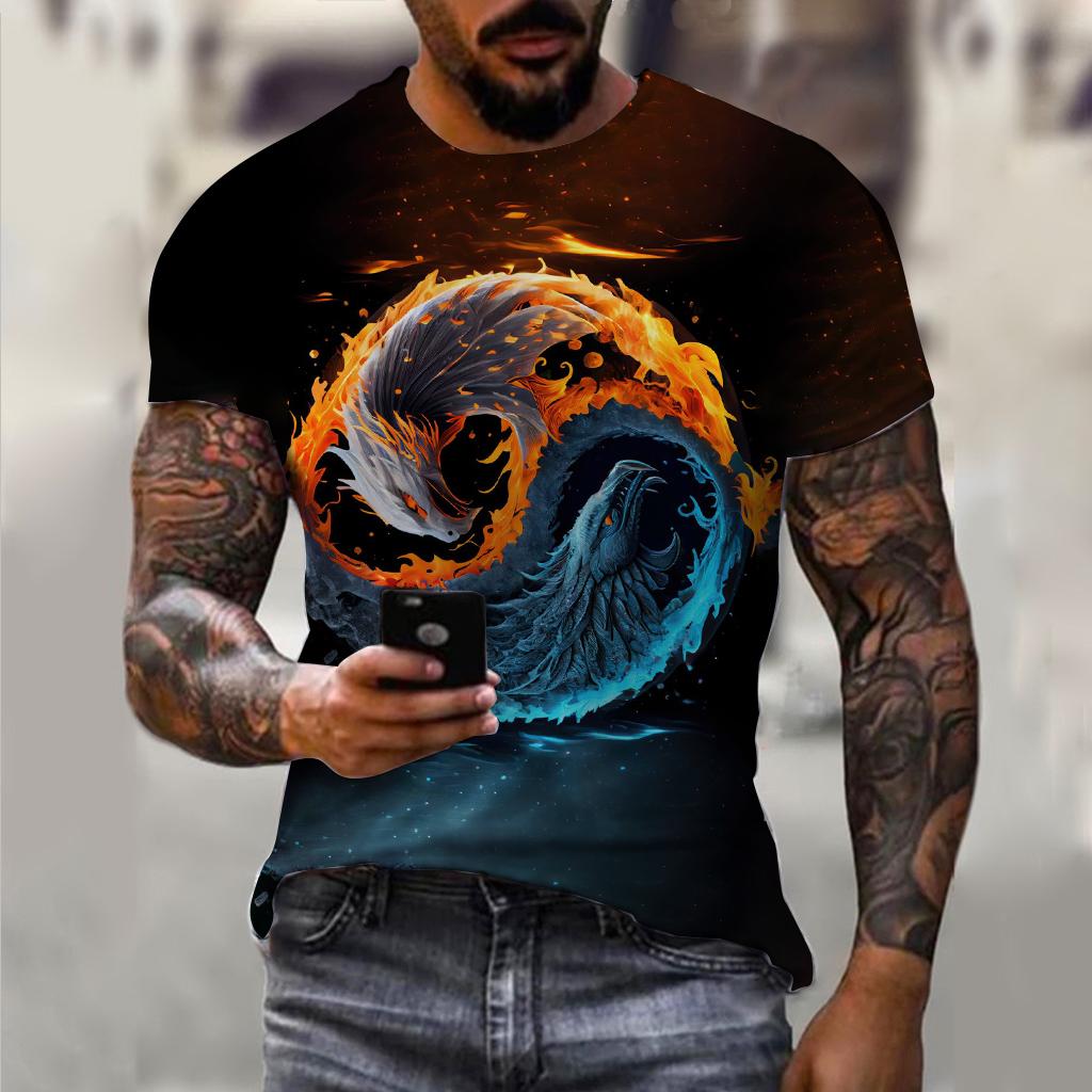 Chengyu Trend Men T-Shirts Fishing Pattern T-Shirts Short Sleeve 3d Animal Wolf Printed Street Hip Hop T Shirt Tai Chi Diagram Tops Tee S