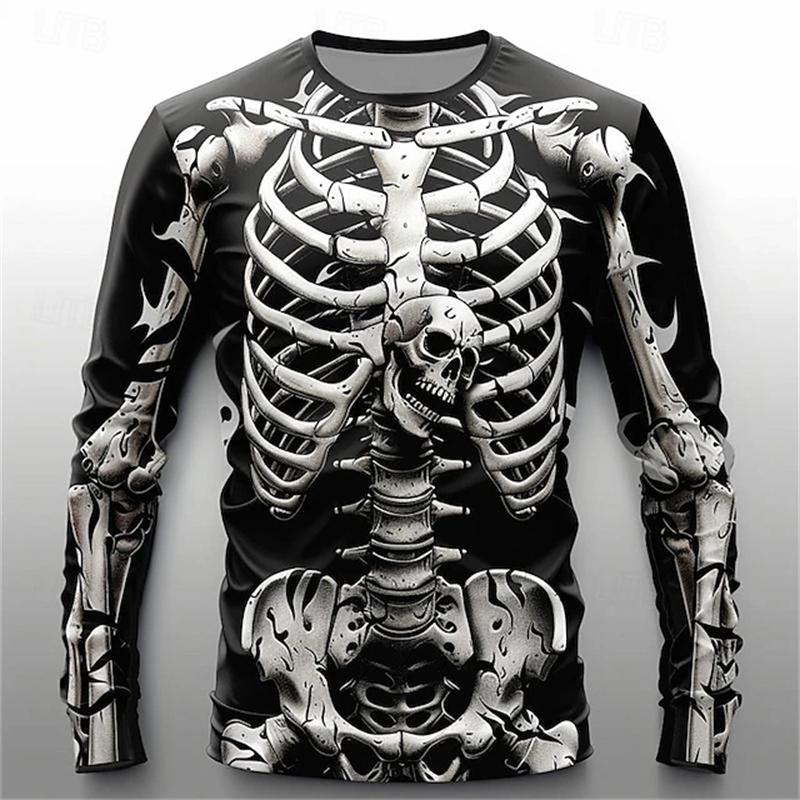 ETST 005 Grappige 3D Skull Print Heren Lange Mouw T-shirt Casual O-hals Katoenen Losse Tops Mode Menselijke Botten Patroon Kleding Herfst T-shirts S