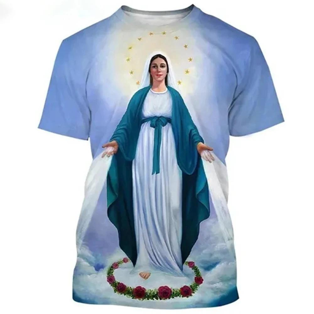 ETST 005 Zomer T-shirts met print van de Maagd Maria voor heren Harajuku Streetwear Korte mouwen Losse T-shirts Unisex Oversized Y2k Tops Kleding EU-maat 2XL