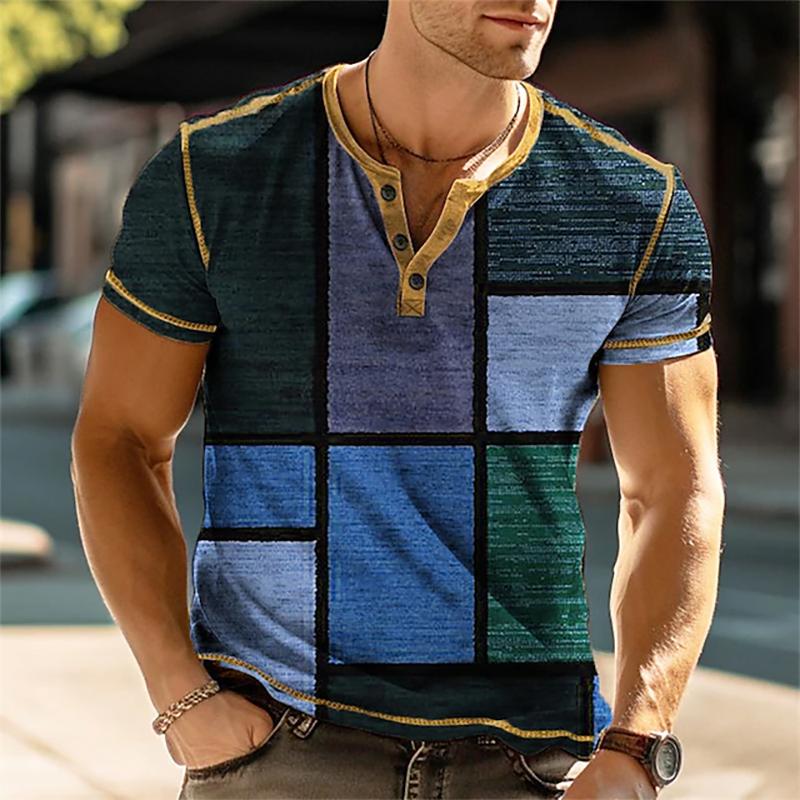 Our T-shirts 3D-print patchwork kleurblok vintage Henley-shirts herenmode oversized overhemden met korte mouwen tops kleding 3XL
