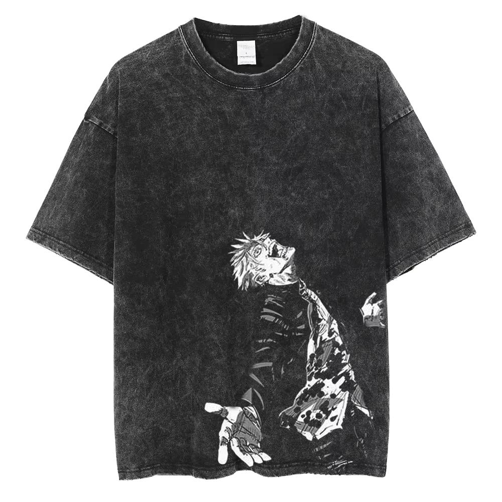 A washed short sleeved T-shirt Top Heren Streetwear Washed Acid Oversized T-shirt Japanse Anime Retro Gedragen Grafische Print T-shirt Zomer Katoenen T-shirts met Korte Mouwen 3XL