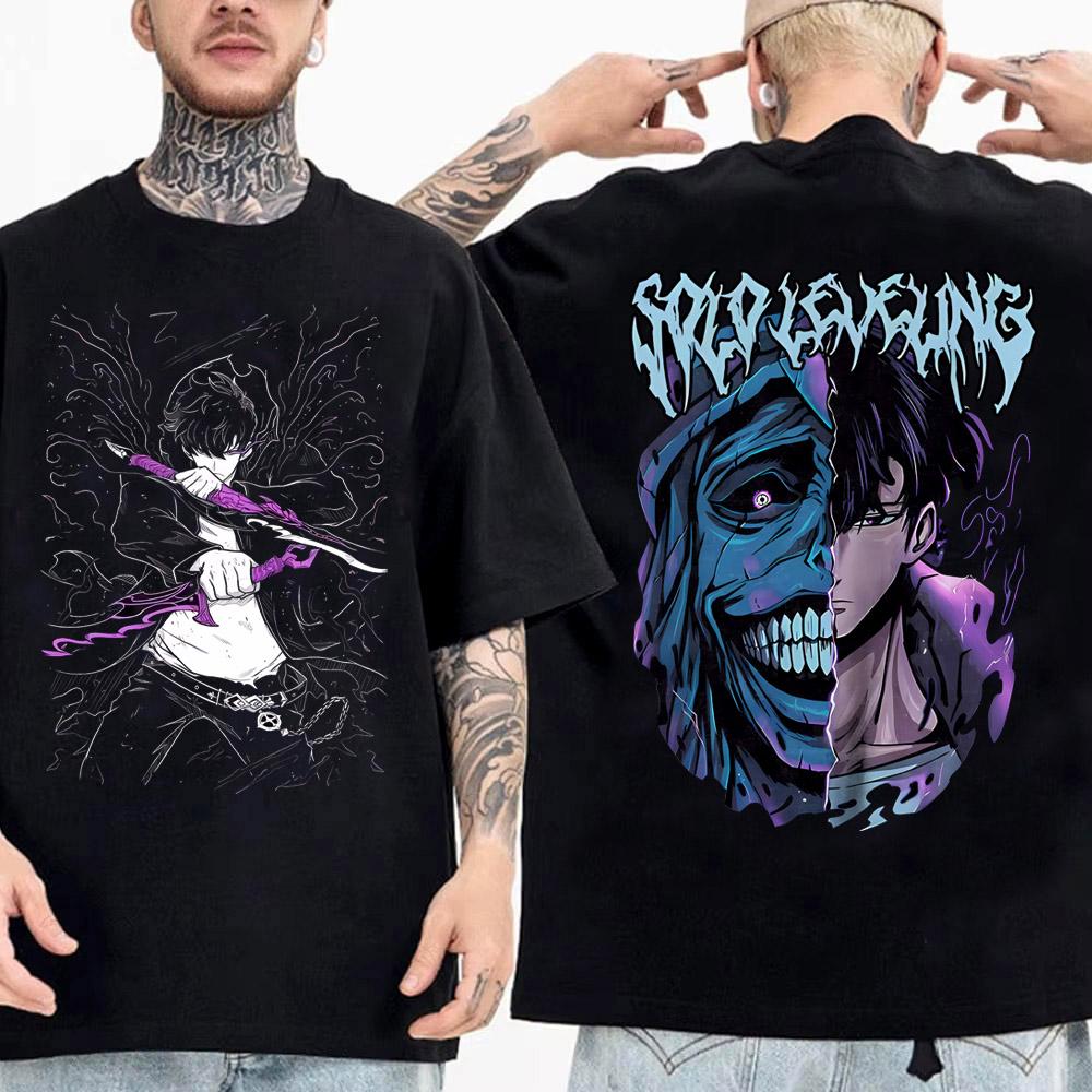 TENJINGE Trendy Solo Leveling Standbeeld van God Shirt Sung Jinwoo Shirt Anime Grafische T-shirts Anime Hoogwaardige Katoenen T-shirt Tops Streetwear M