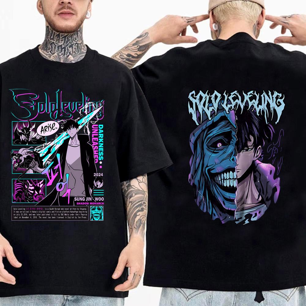 TENJINGE Trendy Solo Leveling Standbeeld van God Shirt Sung Jinwoo Shirt Anime Grafische T-shirts Anime Hoogwaardige Katoenen T-shirt Tops Streetwear L