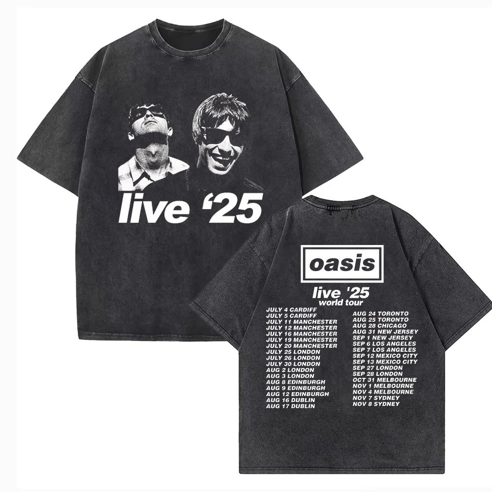 Joyful High Quality T-shirt Heren Dames OASIS Live 25 Tour Vintage Zomer Korte Mouw Gewassen T-shirts Definitely Maybe Rock T-shirt M