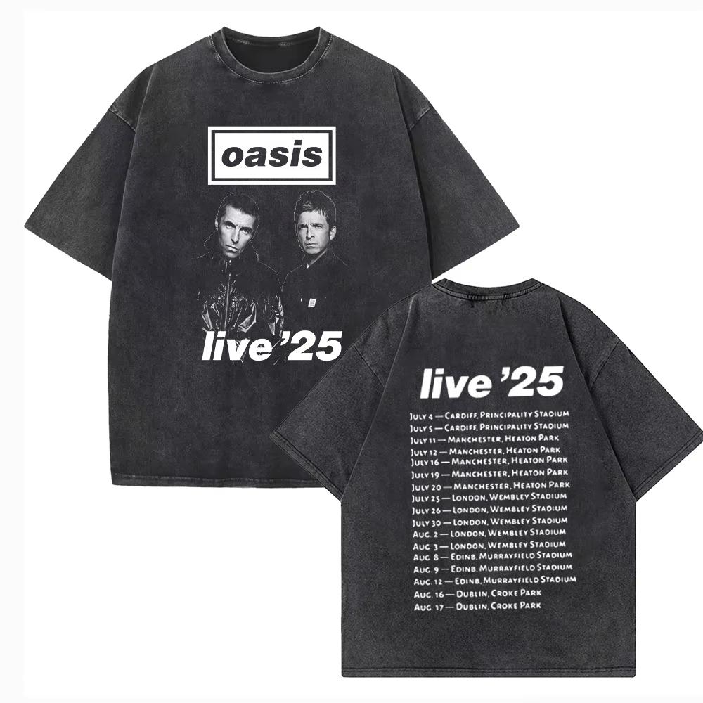 Joyful High Quality T-shirt Heren Dames OASIS Live 25 Tour Vintage Zomer Korte Mouw Gewassen T-shirts Definitely Maybe Rock T-shirt S