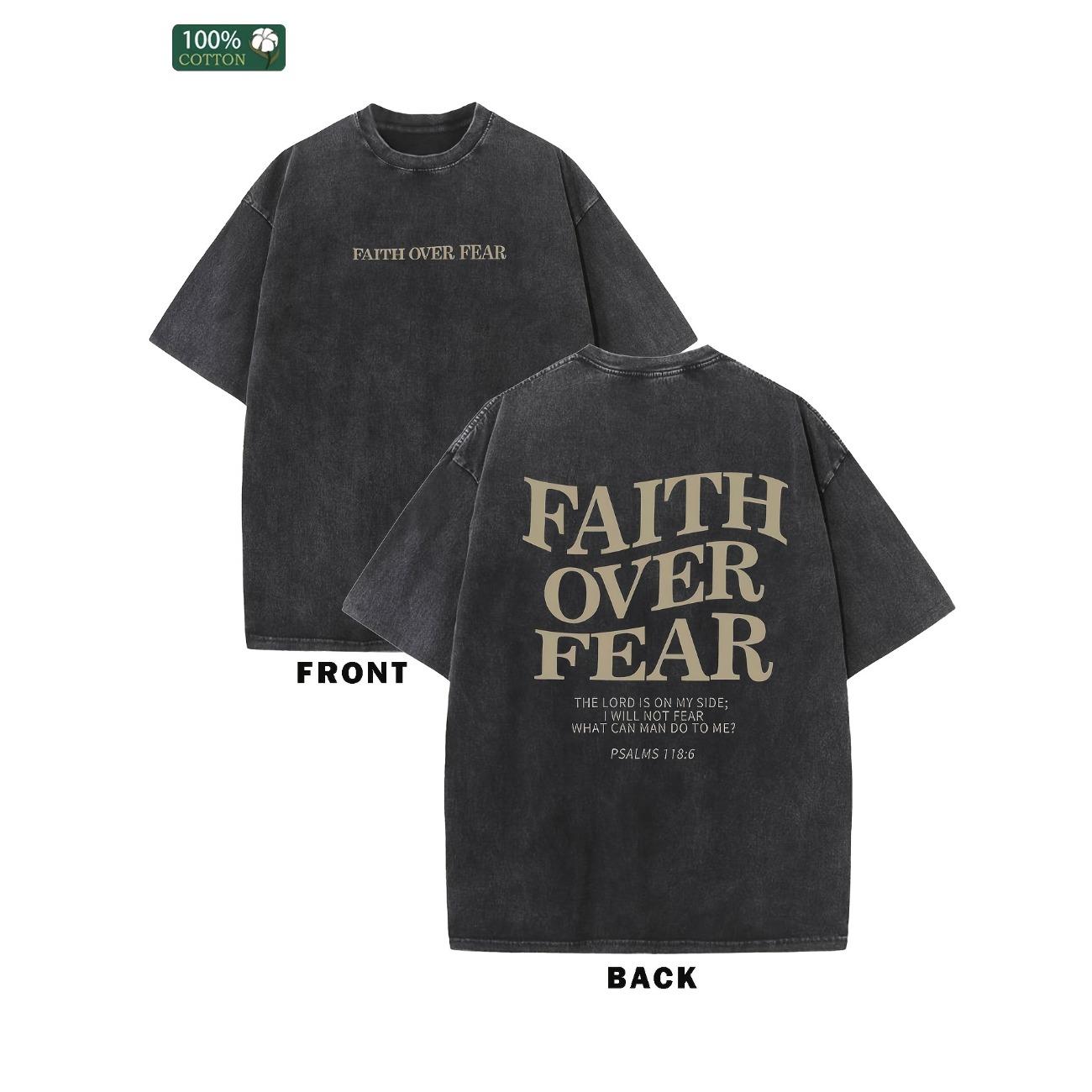 Washed Vintage T Shirt Exclusive NO.1 FAITH OVER FEAR Men's Cotton Solid Drop Shoulder Vintage Street Wear Basic Tees Baggy Tops Acid Wash T-Shirt L