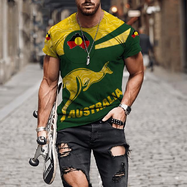 Baibao QIQI Australische vlag Kangoeroe Aboriginal schilderij 3D geprint Zomer Heren Korte mouwen Ronde hals Dagelijks Comfortabel Outdoor T-shirt XXL