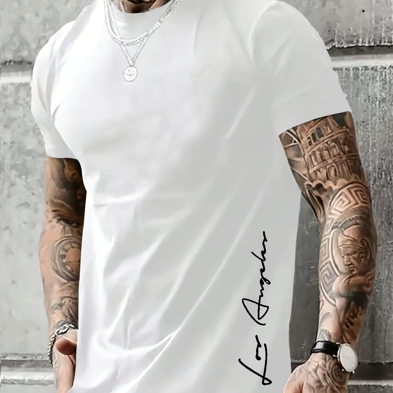 Etst 003 Contrast Letter Print  LOS ANGELES  T-shirt, ronde hals en korte mouwen, geschikt voor heren zomerse outdoorkleding XL
