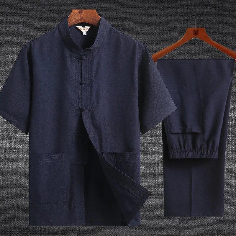 Landon Chinese Tang Pak Pak met korte mouwen Heren Hanfu Kung Fu Shirt Tai Chi Effen Kleur Katoen Linnen Lekenkleding Zomerlinnen XS marineblauwe kleur