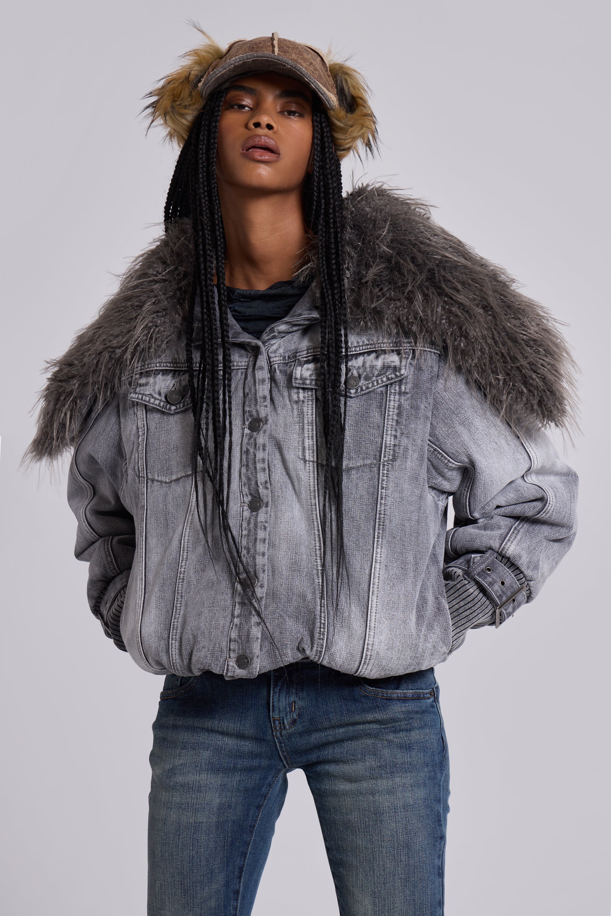 Jaded London Alloy Denim Bomber Jacket in Grey