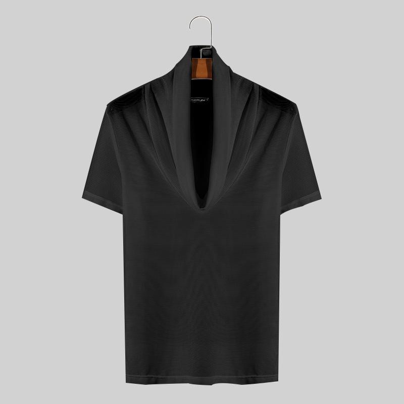 INCERUN Heren Coltrui Korte Mouw Slim Fit Muslce Mesh T-shirts M zwart