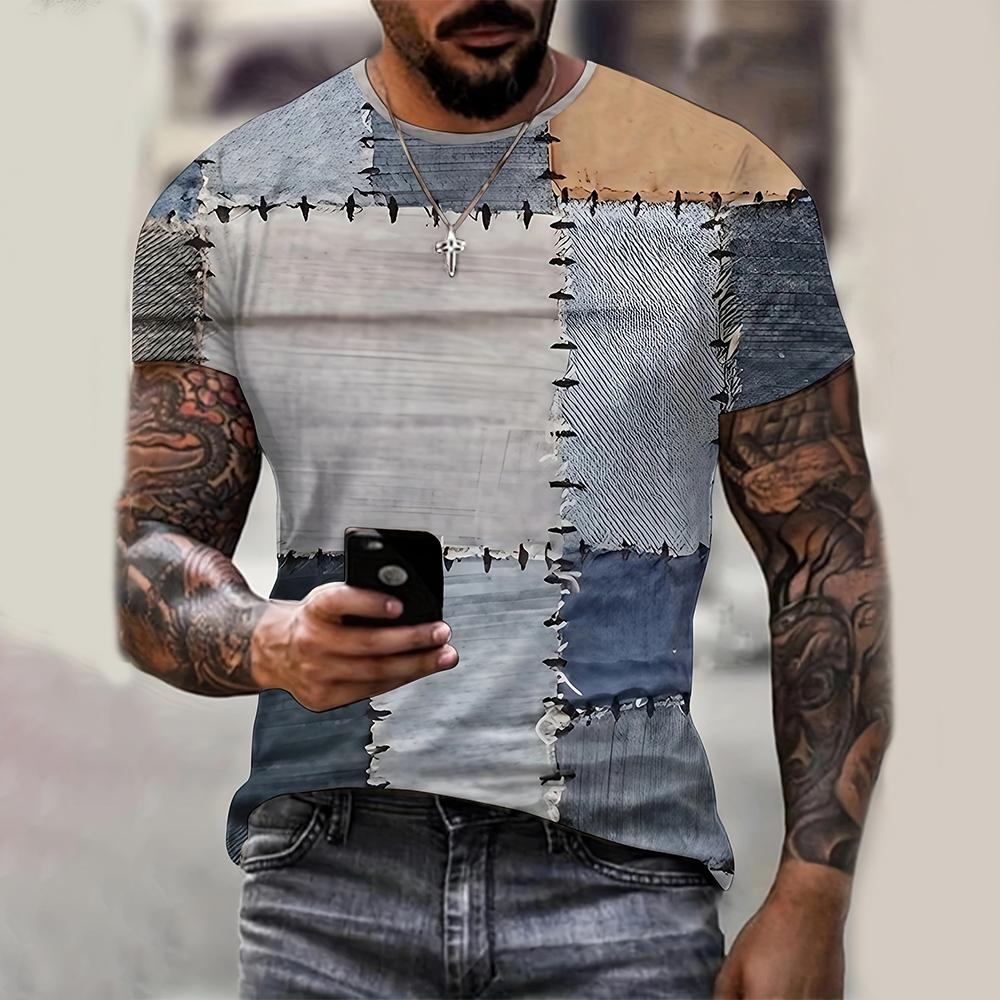 Chengyu Heren T-shirt 3D Digitaal Patchwork Grafische Print Korte Mouw T-shirts Comfortabel Casual Elastische Ronde Hals Heren Buitenactiviteiten Top 6XL