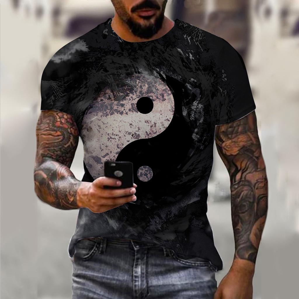 Chengyu Trend Men T-Shirts Fishing Pattern T-Shirts Short Sleeve 3d Animal Wolf Printed Street Hip Hop T Shirt Tai Chi Diagram Tops Tee L
