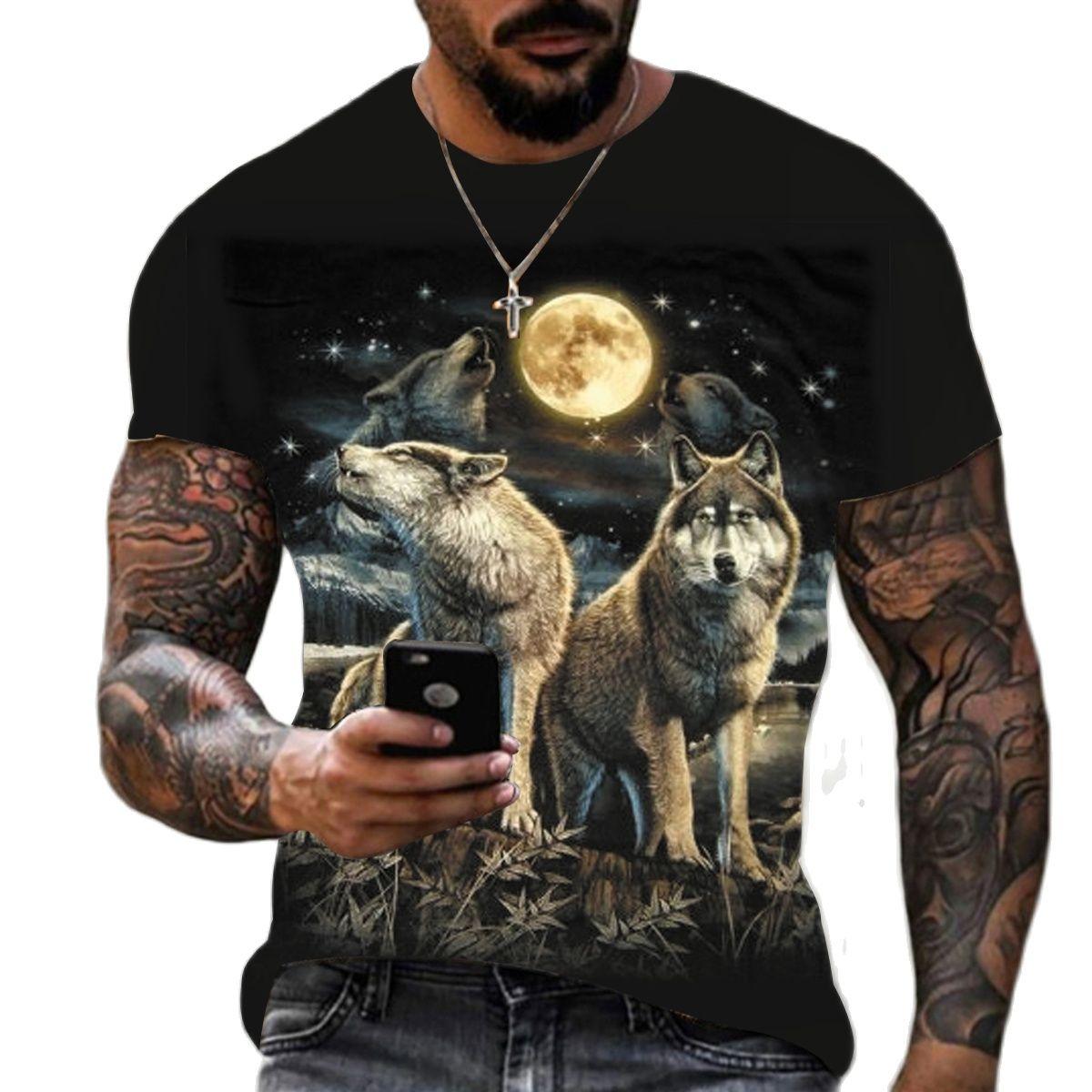 ETST 05 T-shirt met dierenwolfprint voor mannen Zomer Polyester Ronde hals Losse korte mouw Streetwear Oversized T-shirts Casual tops Tees S