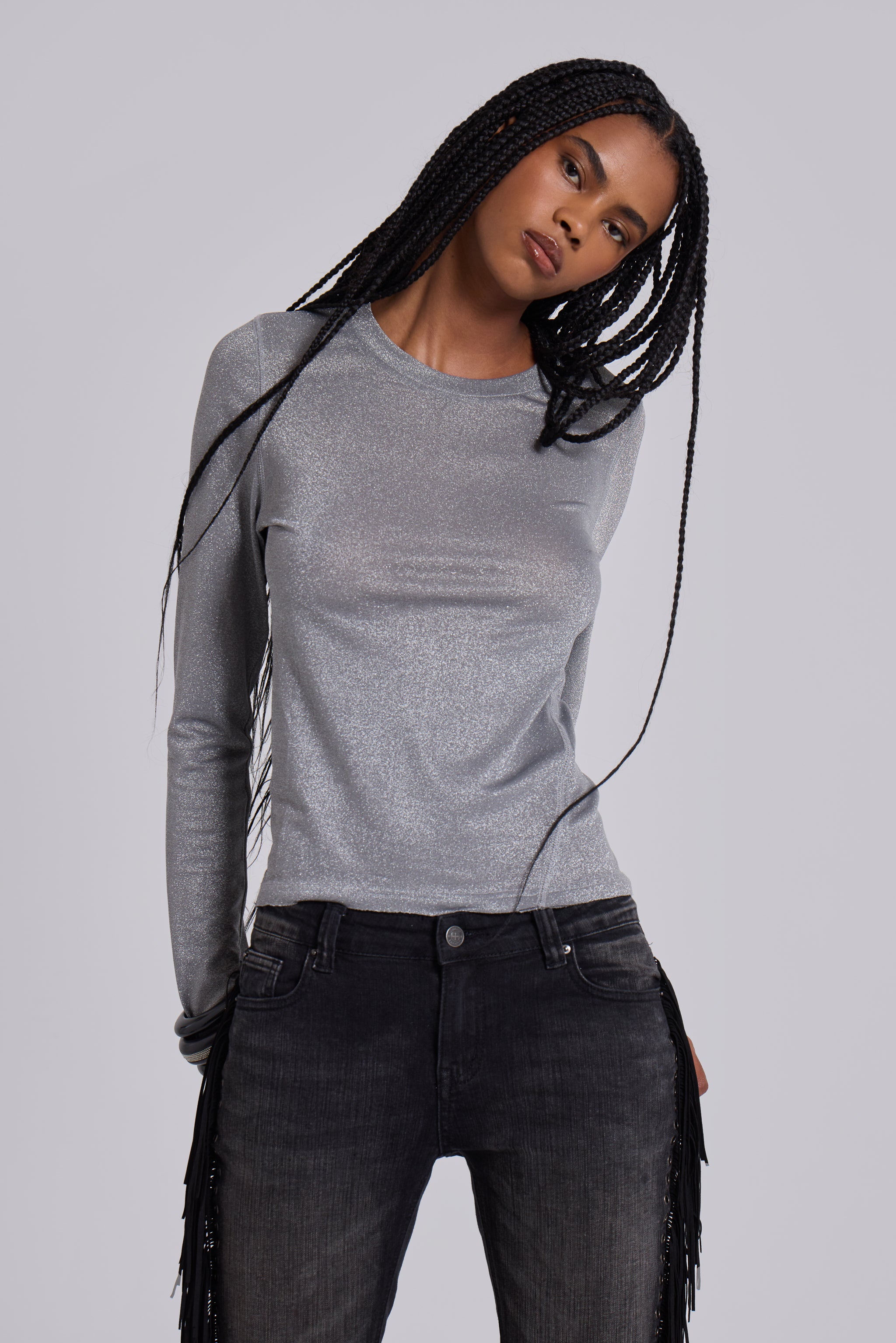 Jaded London Xeni Glitter Long Sleeve Top in Silver
