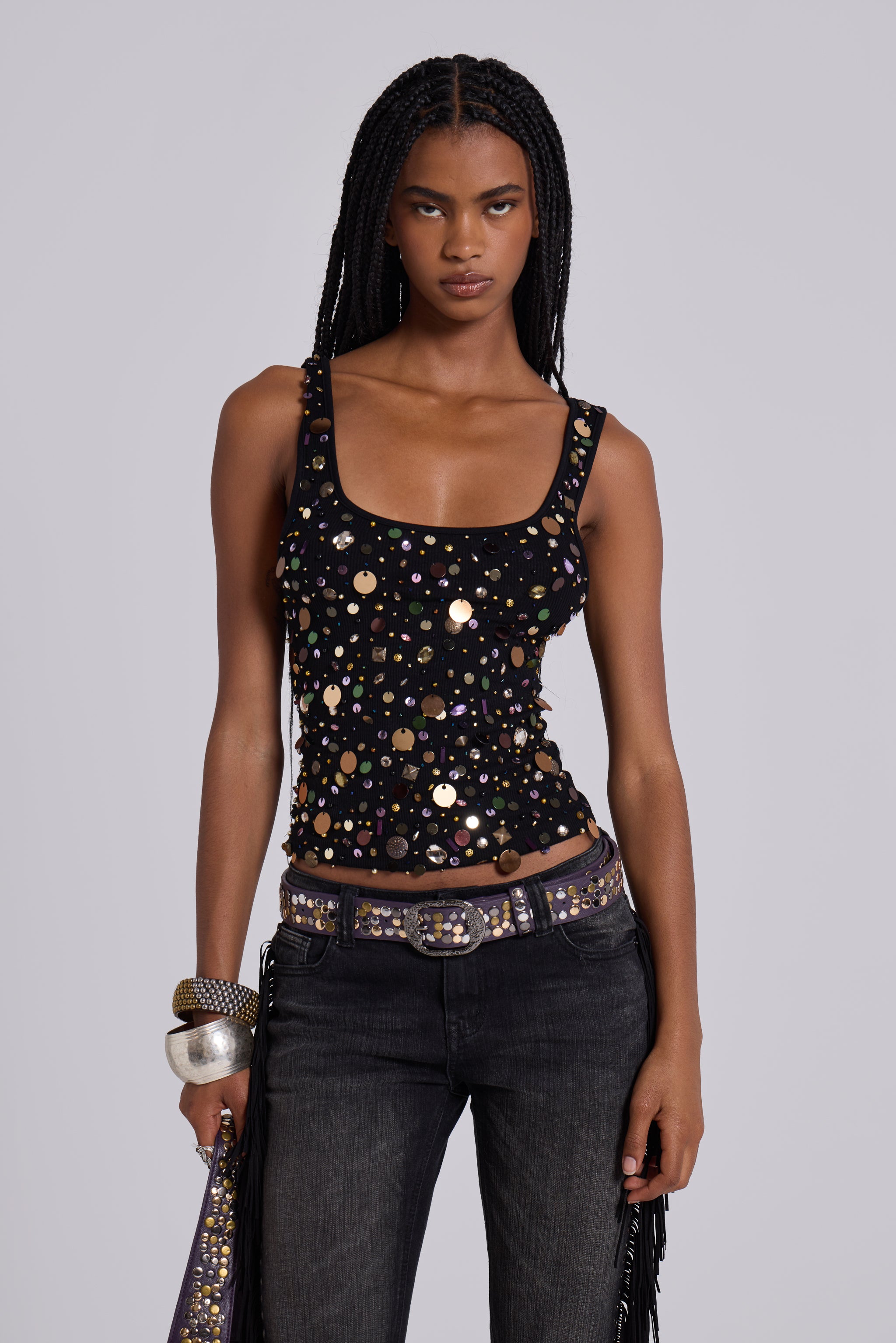 Jaded London Addison Sequin Vest Top in Midnight